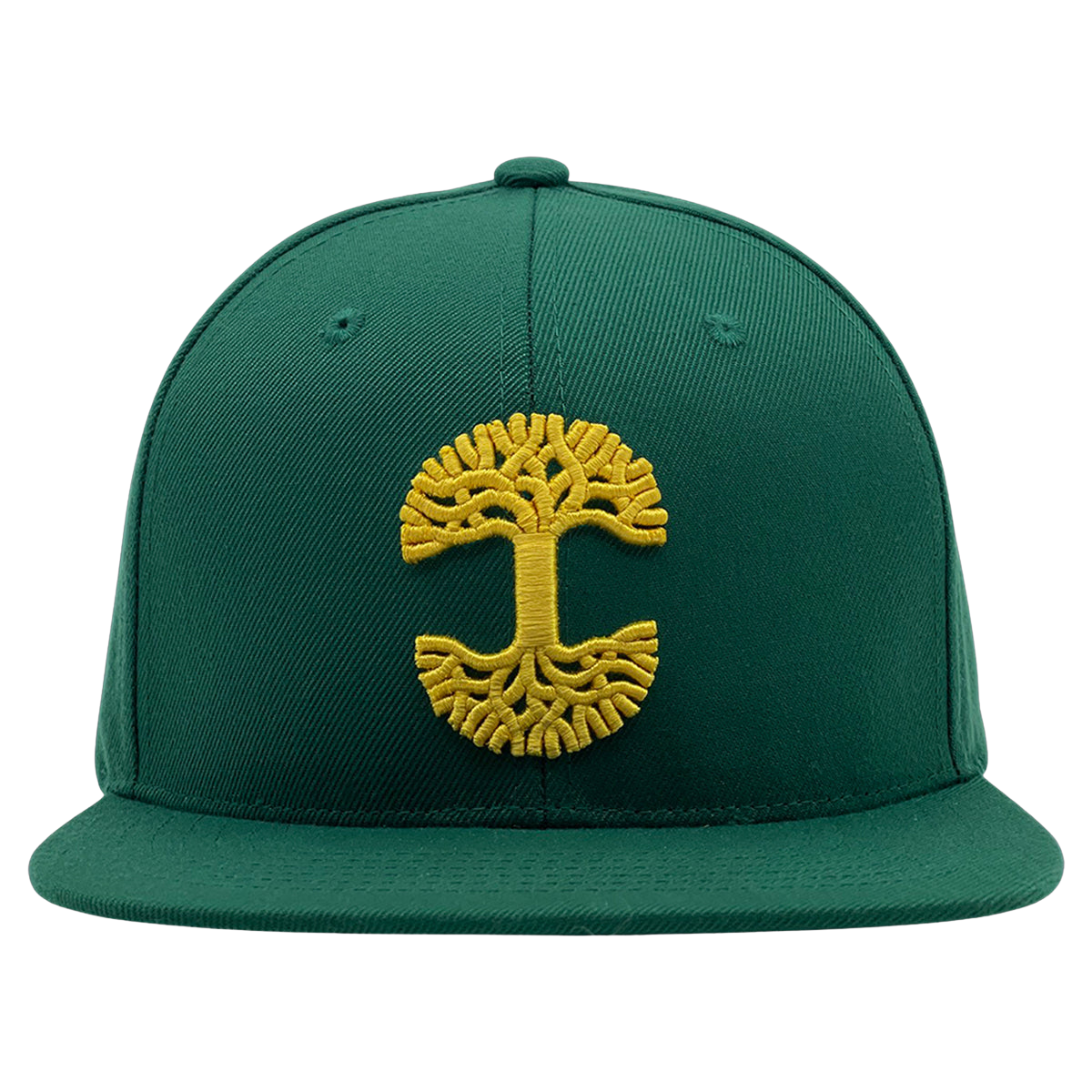 The Oaklandish Classic Snapback by Oaklandish is a green flat-brim cap adorned with a striking yellow embroidered design of a stylized tree, with its branches forming the letter "C" on the front. The cap is made from a durable, textured fabric.