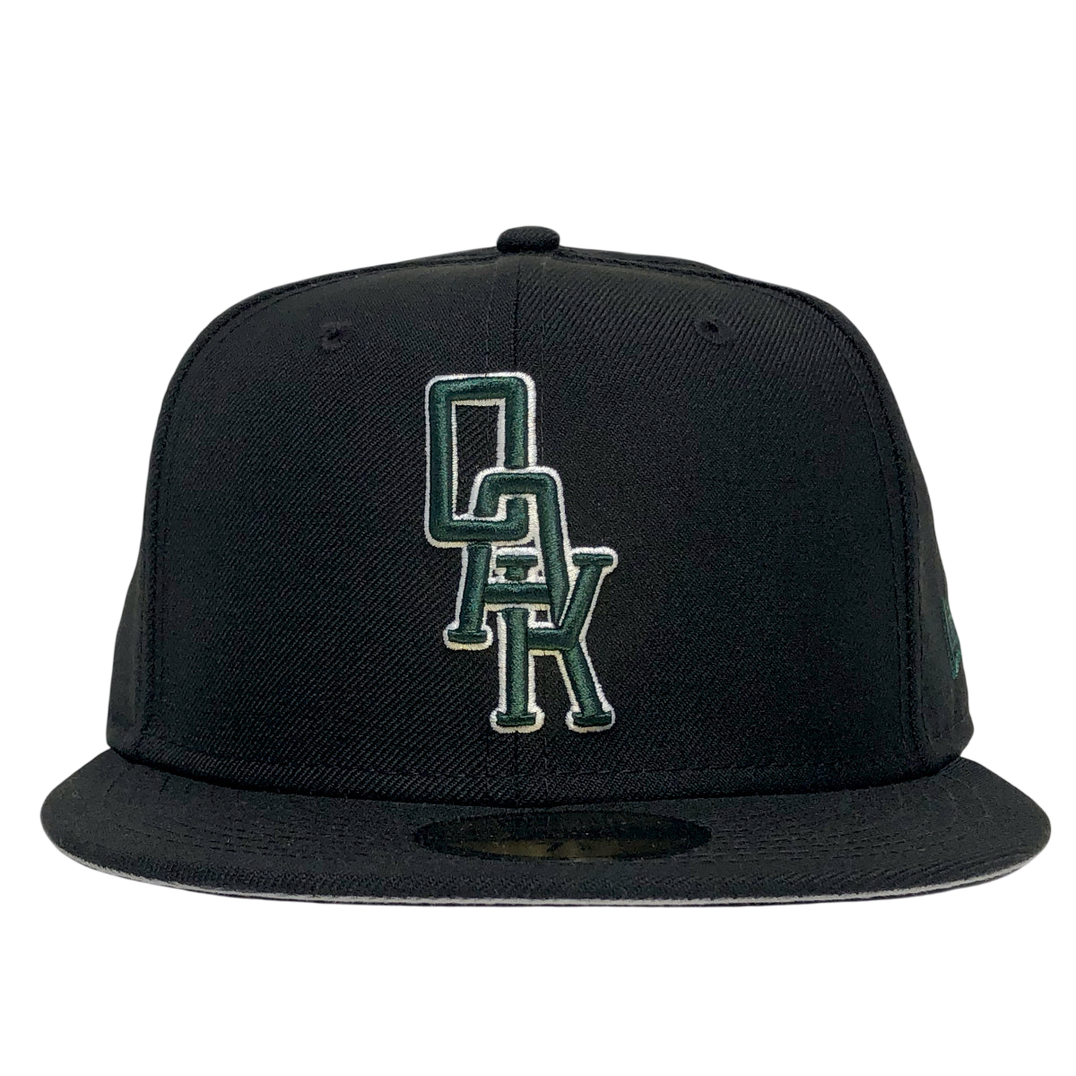 A New Era OAK 59FIFTY Fitted Cap by Other in black, featuring green and white vertically stacked “OAK” logo embroidery on the front panel, displayed against a plain white background.