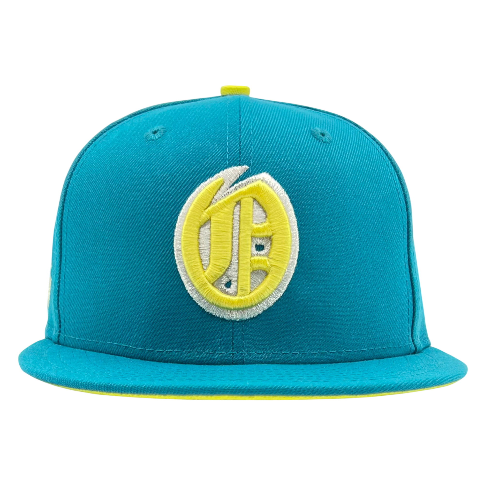 A turquoise New Era Oakland Oaks 59FIFTY fitted cap featuring a bold, circular yellow and white embroidered logo with stylized overlapping letters on the front. This Other brand hat includes yellow accents along the brim’s edge and a matching button on top, set against a plain white background.