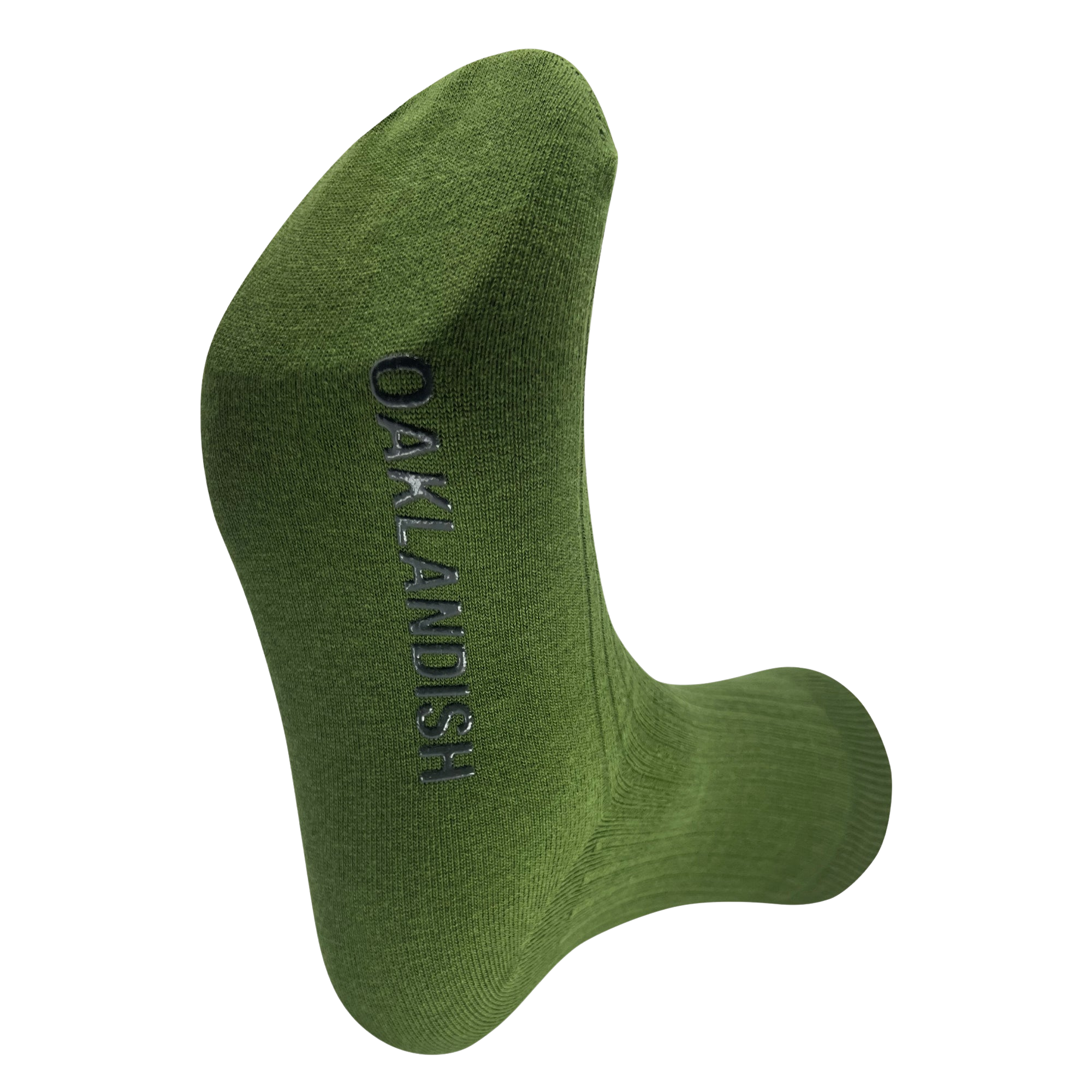 A Grip Crew Sock from Oaklandish in green, featuring the word "OAKLANDISH" woven in black thread running vertically along the side. This "one size fits most" sock is displayed clearly against a light gray background to showcase the text.