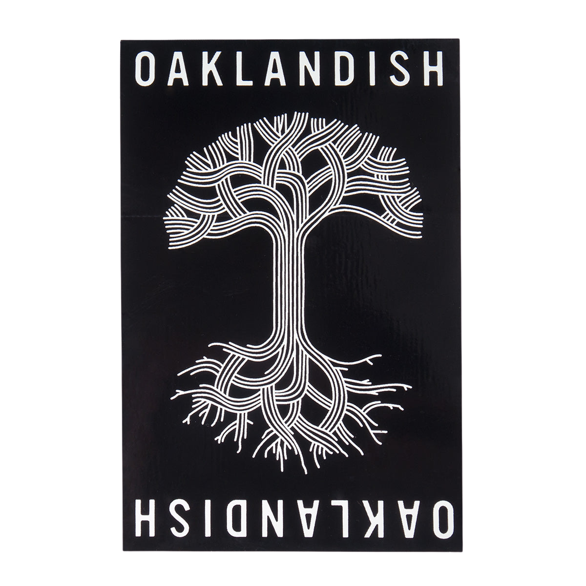 A black rectangular image featuring a white, intricate, abstract tree design with roots and branches forming complex patterns. The word "OAKLANDISH" appears at the top and bottom in bold white capital letters, with the bottom text mirrored upside down. Perfect as an Oaklandish Classic Sticker or accessory for any fan of Oakland.