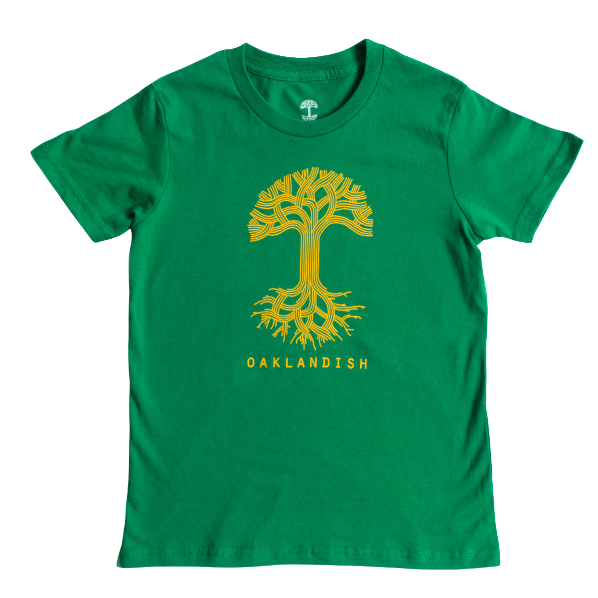 Introducing the Youth Oaklandish Classic Logo Tee by Oaklandish: This Kelly green t-shirt for kids features a striking yellow stylized tree design at its center, with interconnected branches and roots. The word "OAKLANDISH" is printed below the tree in bold yellow capital letters. Crafted from 100% cotton, this tee has a round neckline and short sleeves, showcased against a white backdrop.