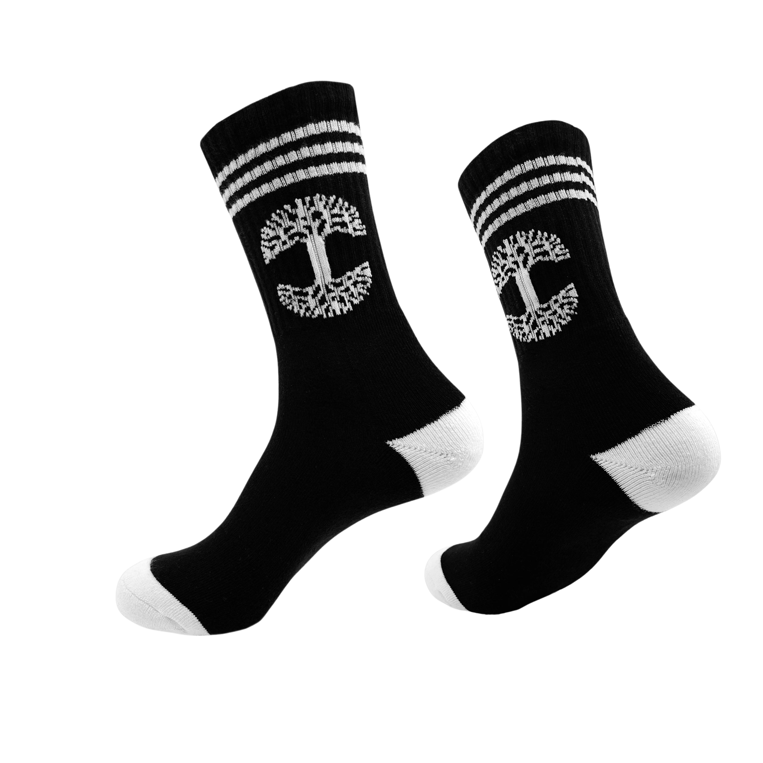 A pair of Retro Classic Socks from Oaklandish, exceptionally comfy in black, featuring a white tree emblem and two horizontal white stripes near the top. The socks have unique white heels and toes, displayed with one sock slightly in front of the other against a plain white background.