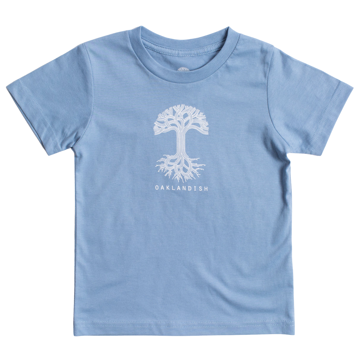 Introducing the Toddler Oaklandish Classic Logo Tee by Oaklandish: a Carolina blue short-sleeve t-shirt showcasing a white graphic of a tree with its roots, symbolizing the tree of life. The word "OAKLANDISH" is printed in white uppercase letters below the tree. Crafted from 100% cotton, this shirt is displayed flat against a plain white background.