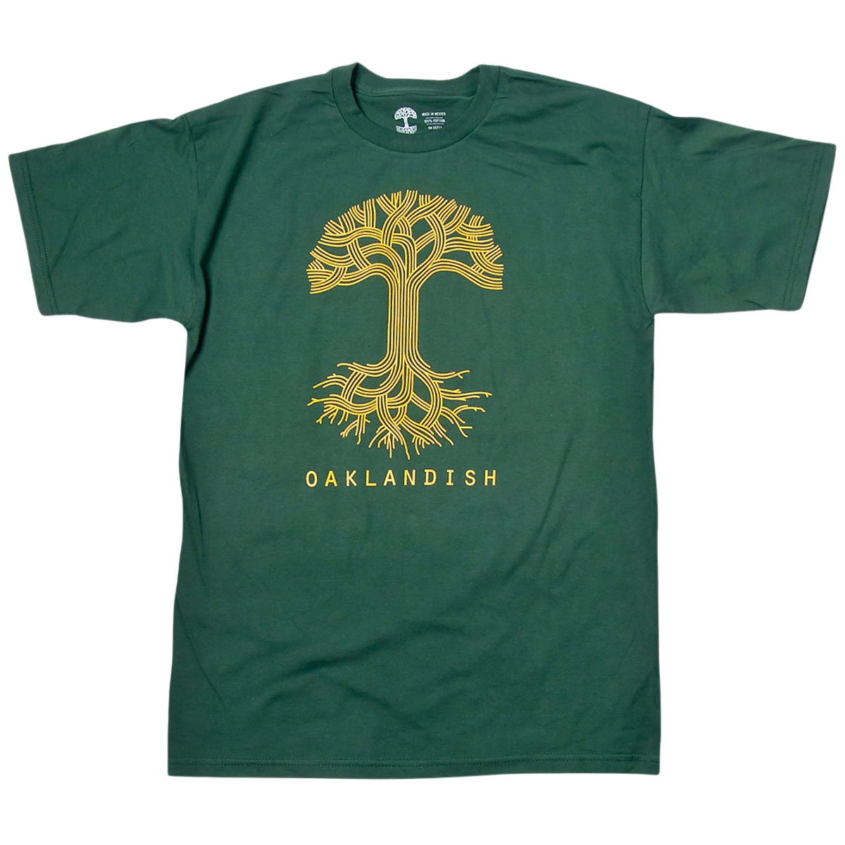 The Oaklandish Classic Logo Tee by Oaklandish is a classic fit, green T-shirt featuring a centrally aligned, stylized yellow graphic of an oak tree with its roots spreading out below. Beneath the tree, the word "OAKLANDISH" is printed in yellow. Made from 100% cotton.