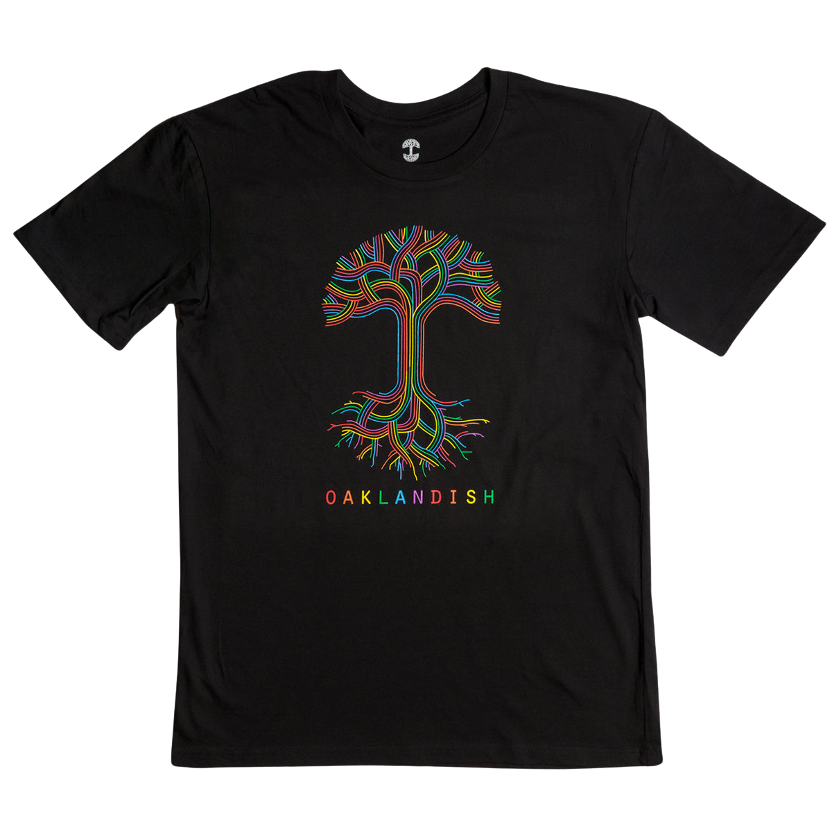 Presenting the Oaklandish Pride Classic Logo Tee by Oaklandish – a limited-edition black T-shirt showcasing a vibrant, neon-like tree design at its center. The intricate roots and branches of the tree radiate in hues of red, blue, green, yellow, and purple. Below the tree, "OAKLANDISH" is boldly displayed in multicolored text.