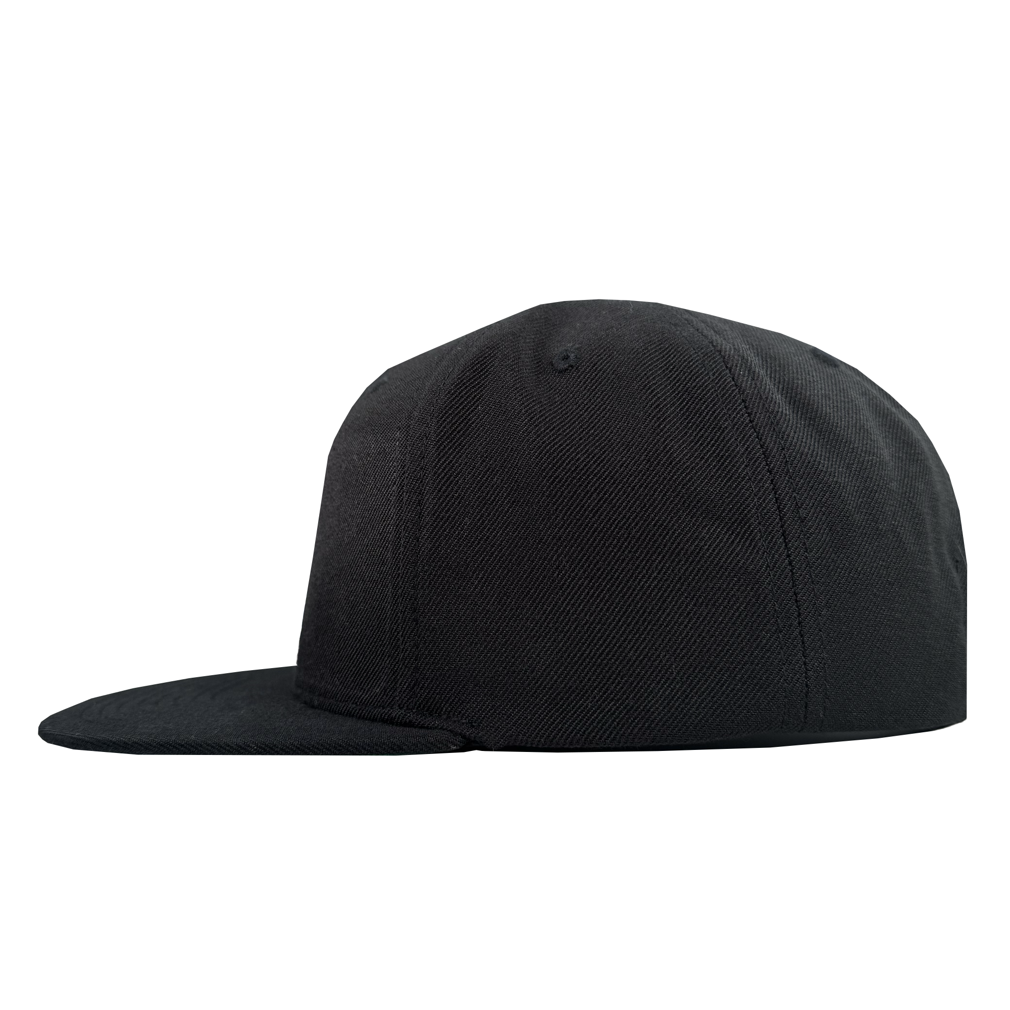 The Power of the People Snapback by Oaklandish is displayed in side profile on a white background, featuring a flat brim, structured front panel, visible stitching, and a plain black design with no logos or graphics.
