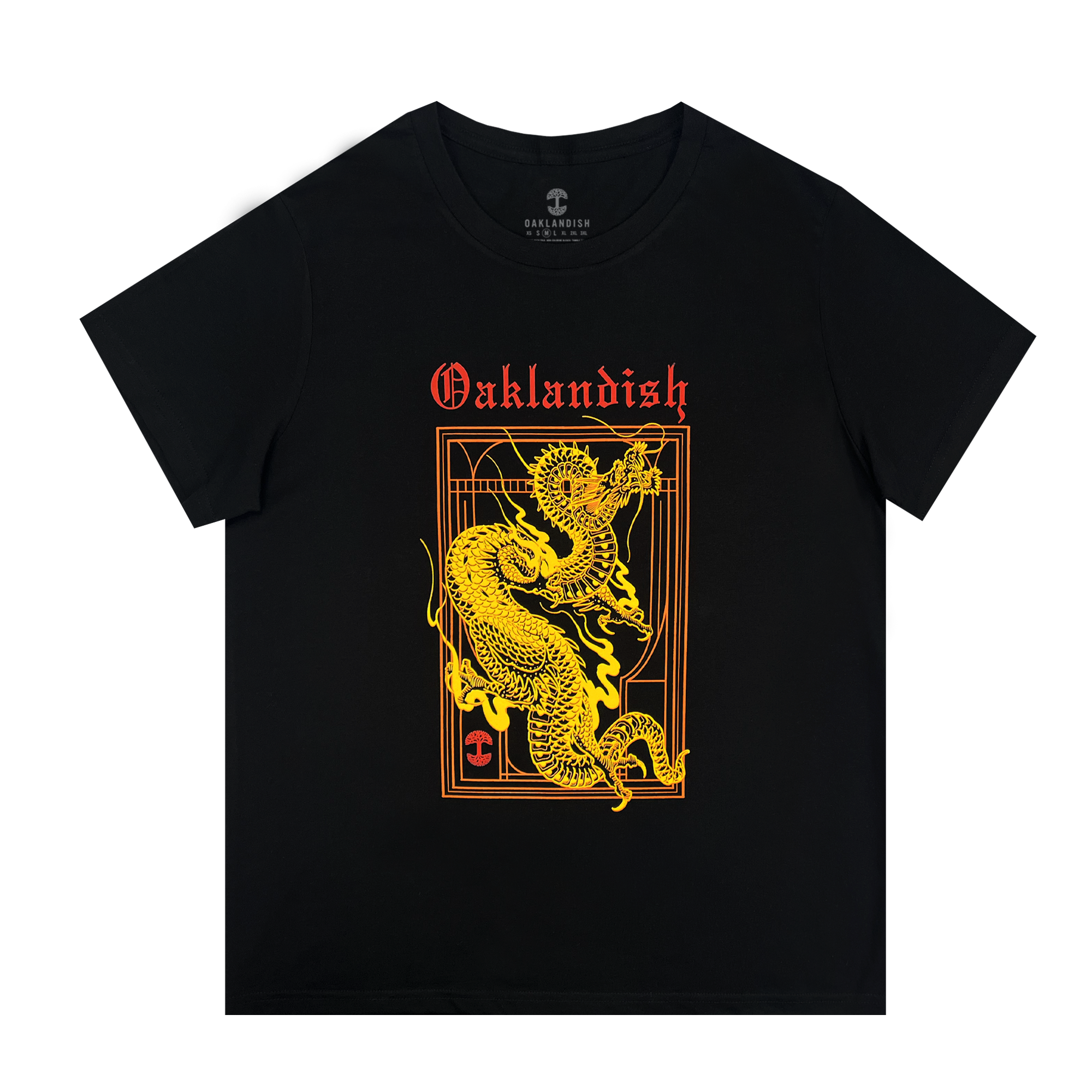 Introducing the Women's Prosperity Tee from Oaklandish: This black cotton T-shirt showcases a striking golden dragon design, symbolizing prosperity, encased within an orange rectangular border. "Oaklandish" is elegantly printed in ornate orange lettering above the dragon. The design masterfully blends mythical elements with urban style.