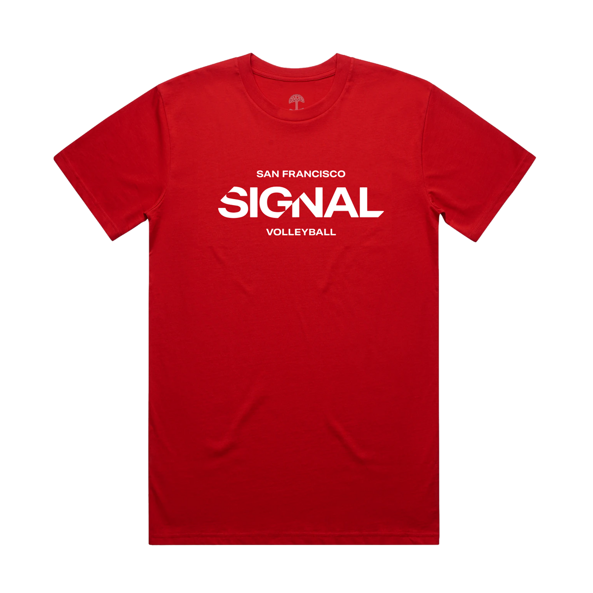 A bright red 100% cotton short-sleeved Rally Tee crew neck t-shirt is centered on a plain light background, featuring white text on the chest that reads “SAN FRANCISCO SIGNAL VOLLEYBALL” with “SIGNAL” in a larger, bold font.