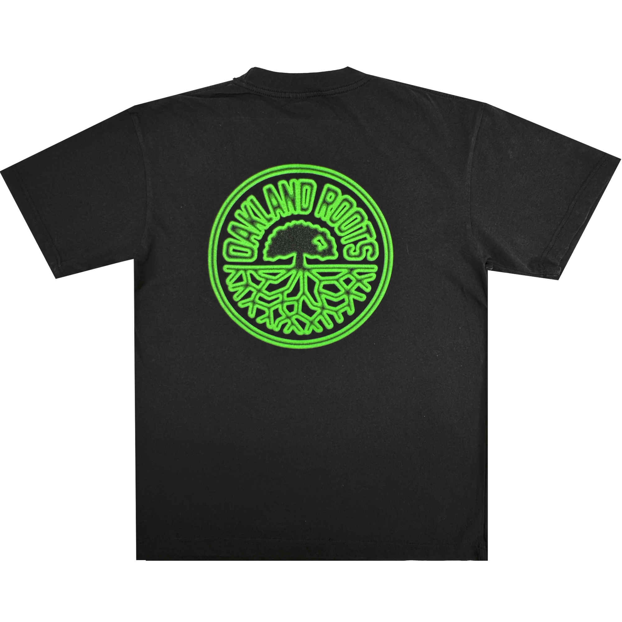 Oakland Roots SC Acid Tee featuring a large, circular neon green oak tree logo with roots and “OAKLAND ROOTS” text on the back, inspired by the club’s signature style.