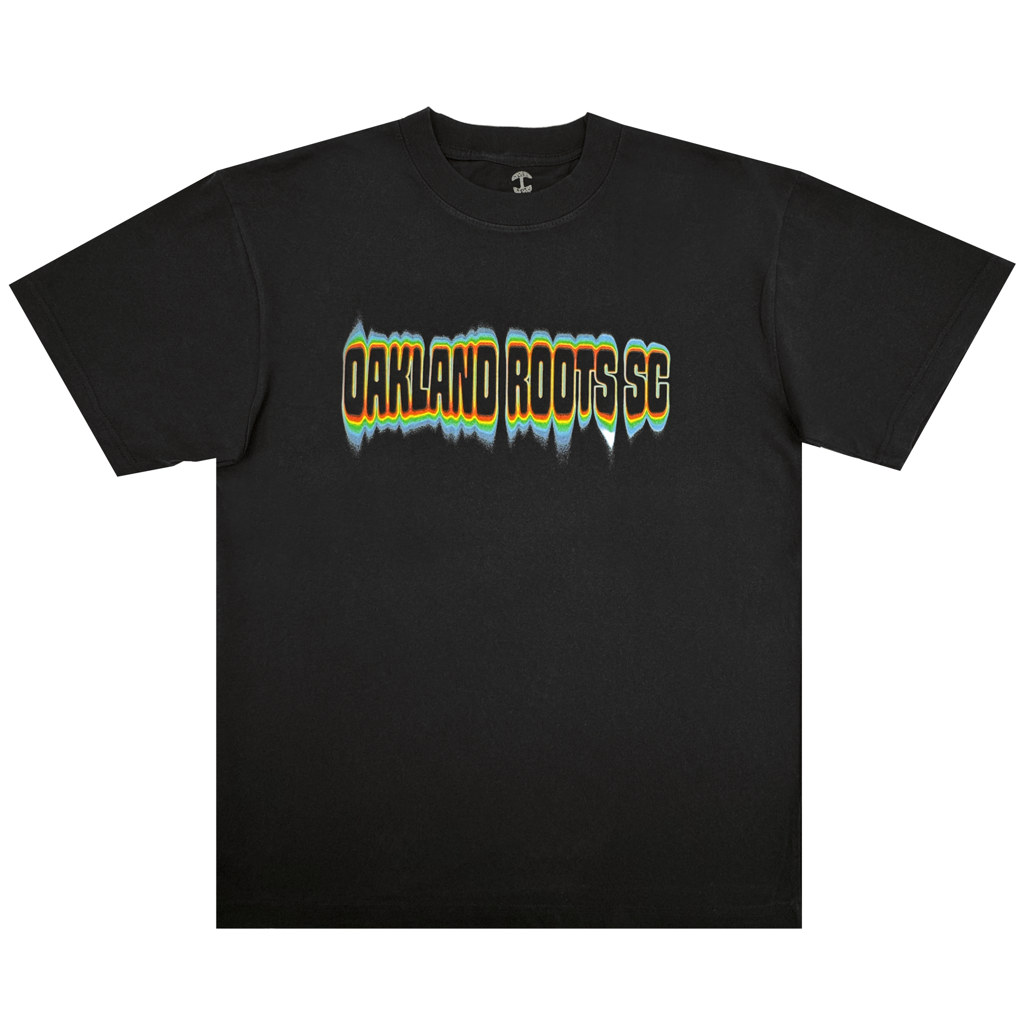 The Acid Tee by Oakland Roots SC is a black t-shirt with “OAKLAND ROOTS SC” in bold, distorted yellow, white, and teal letters outlined in black across the chest. The product is displayed on a plain white background.