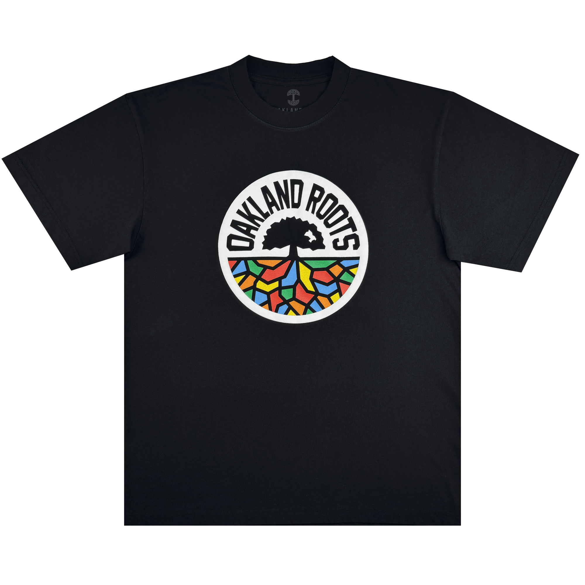 The Oakland Roots SC X Oaklandish Bootleg Tee by Oaklandish is a black shirt featuring a round club logo, bold lettering, a black tree silhouette, and vibrant mosaic roots in red, blue, orange, yellow, and green.