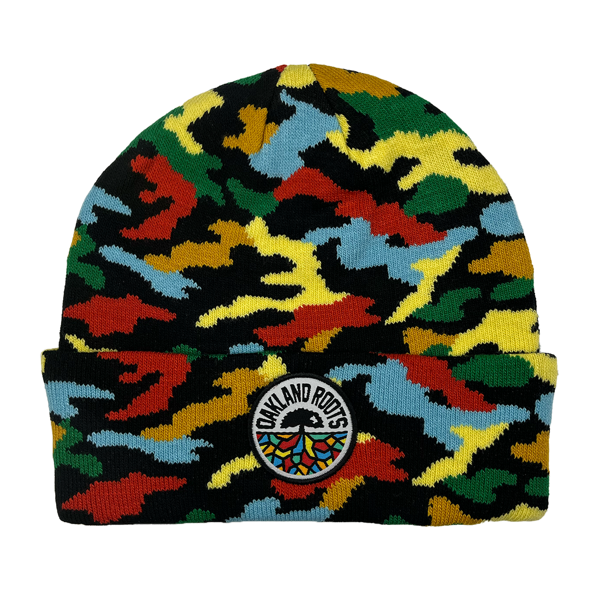 The Oakland Roots SC Camo Beanie is a knitted hat with a colorful camouflage pattern, a folded brim, and an Oakland Roots patch featuring the brand name and multicolored tree logo at the center.