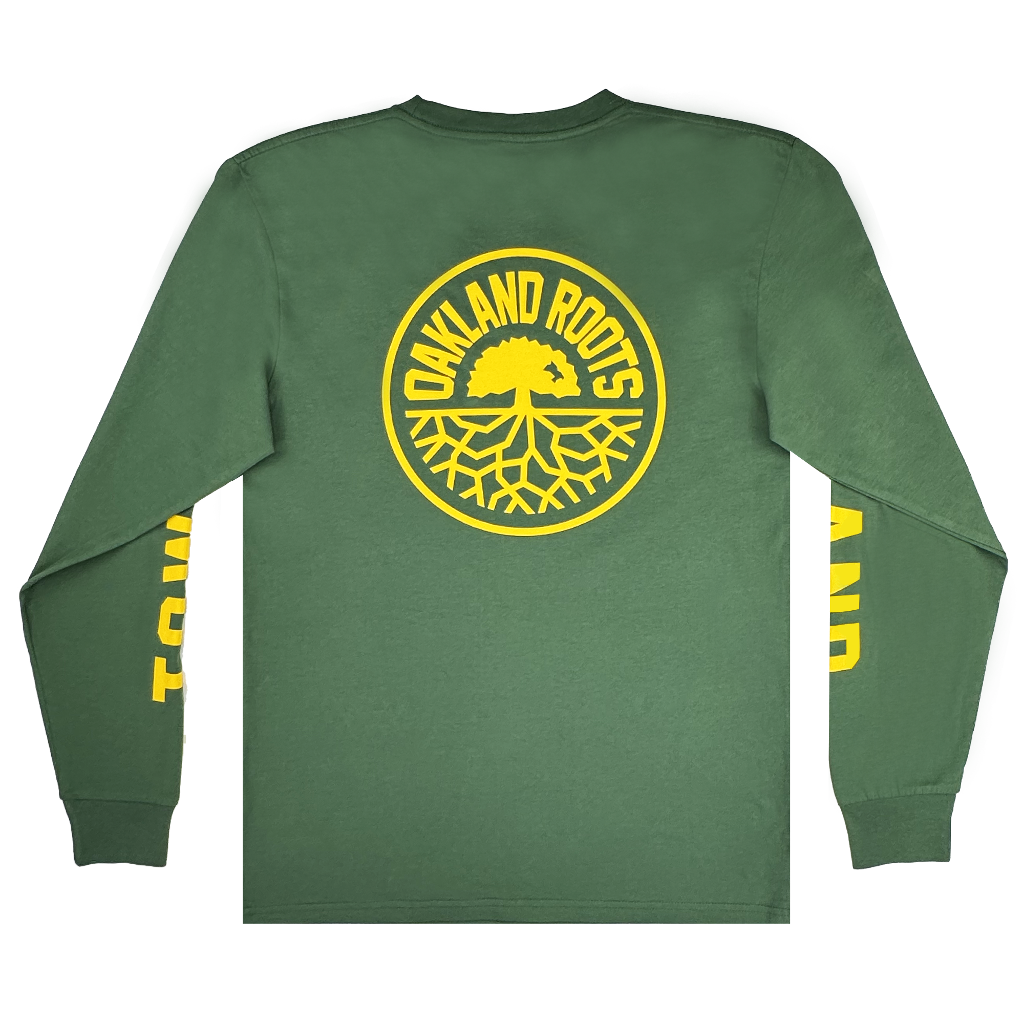 The Oakland Roots SC Classic 2.0 LS Tee features a green color, “OAKLAND ROOTS” in yellow around a tree and roots emblem on the back, and bold yellow text down the left sleeve, embodying the nature-inspired style of Oakland Roots SC.