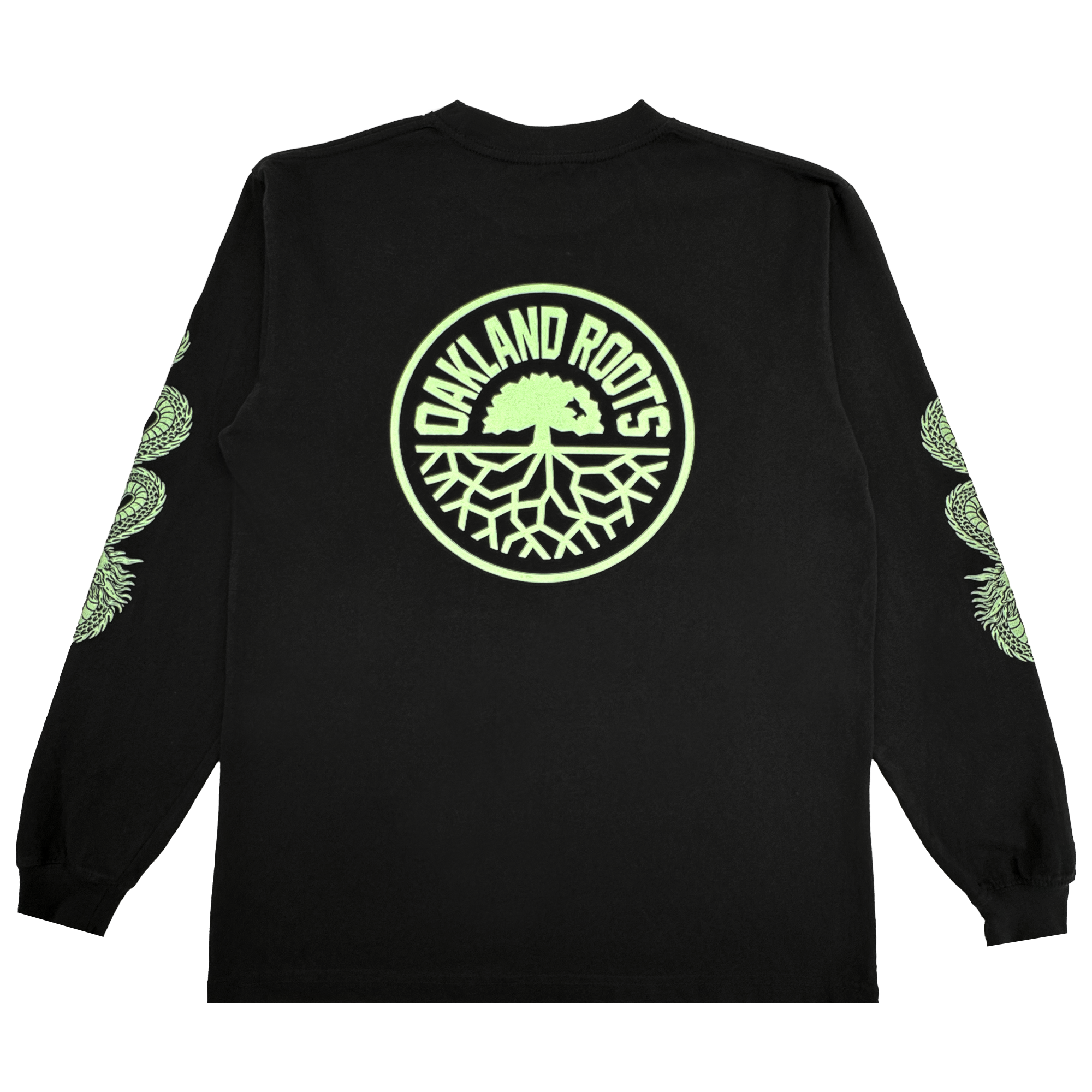 The ORSC Ryujin LS Tee by Oakland Roots SC is a black long-sleeve shirt with a large circular light green "Oakland Roots" tree logo on the back and repeating light green Roots SC tree graphics down both sleeves. Laid flat on a white background.