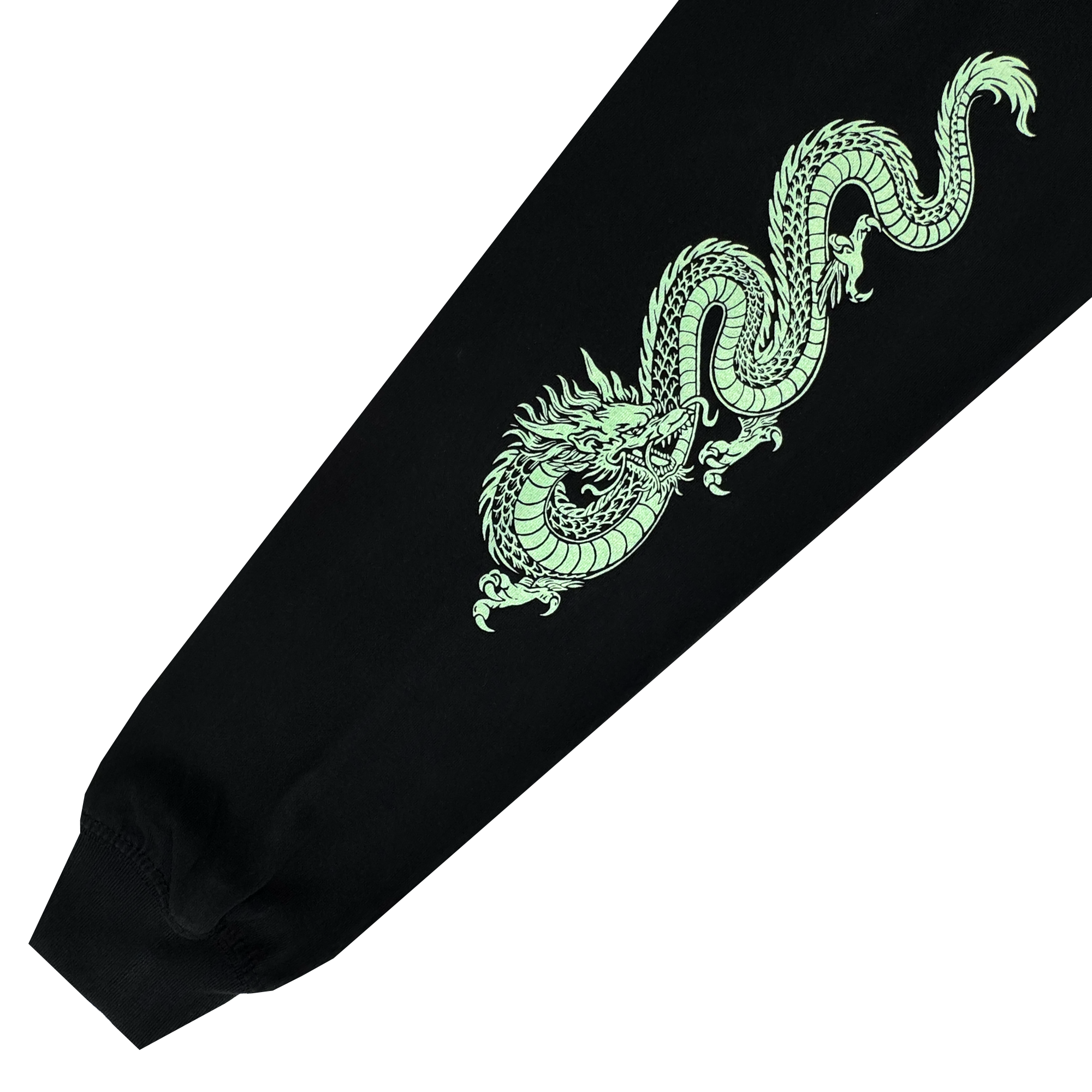 The Oakland Roots SC ORSC Ryujin LS Tee showcases a detailed, coiled light green dragon graphic on a black sleeve inspired by Asian art, finishing with a ribbed cuff for a bold tribute to club style.