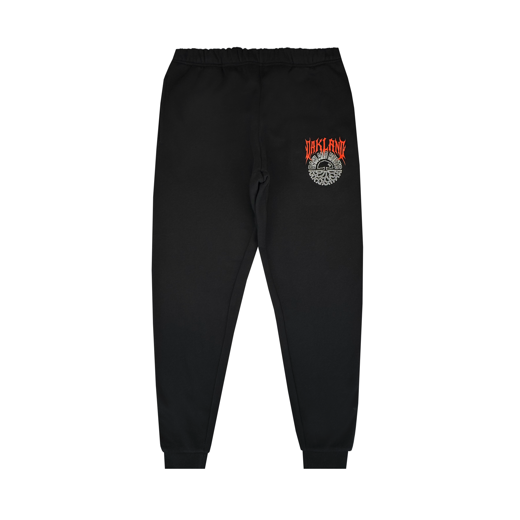 The Oakland Roots SC Forge Pant is a black men's sweatpant with elastic waistband and cuffs. Features red and orange "STAFF FIRE" text above a white graphic on the left thigh. Plain white background. From Oakland Roots SC.