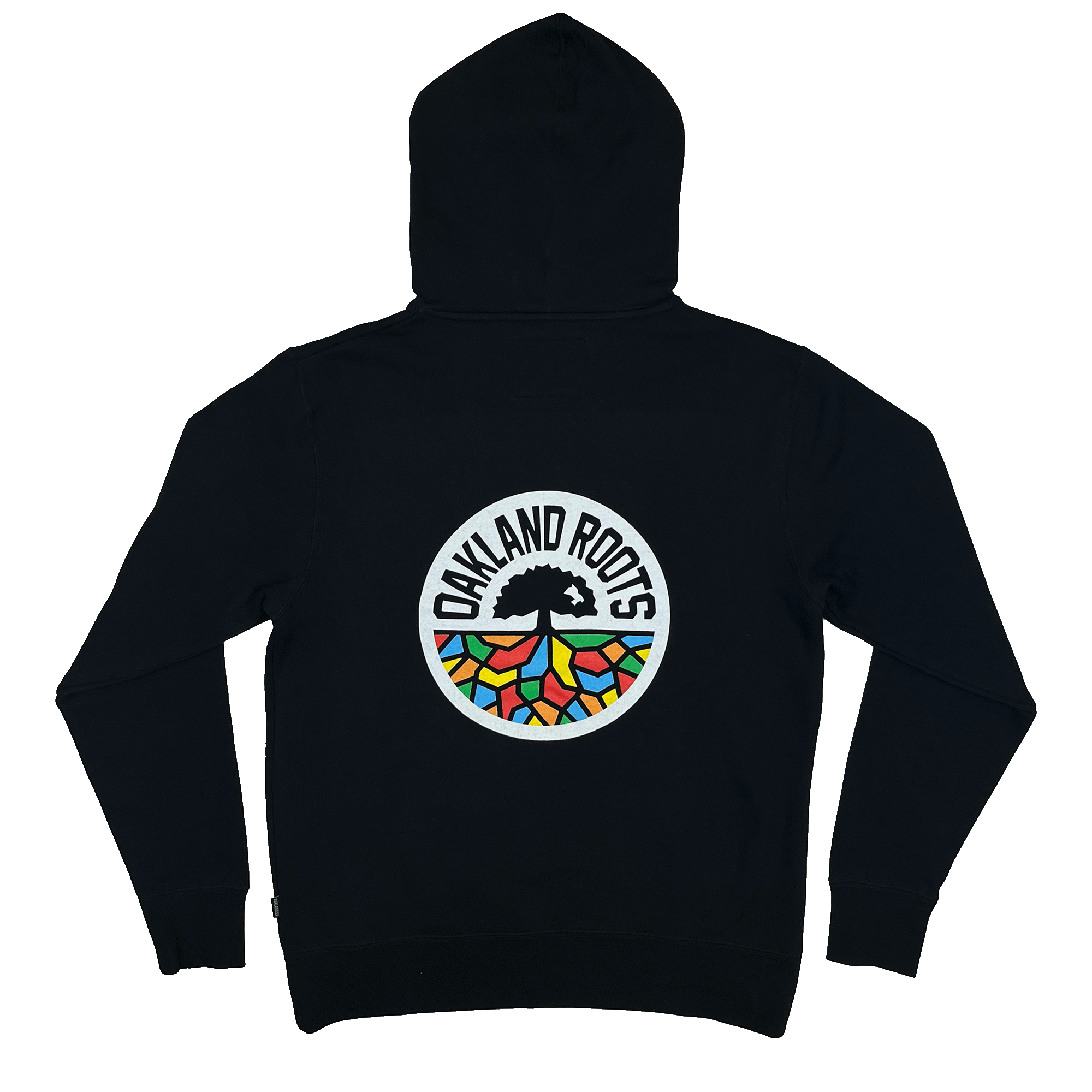 The Oakland Roots SC Logo 2.0 Hoodie by Other is a black hoodie with a back circular logo of a stylized tree in vibrant geometric green, orange, blue, and red patterns. "OAKLAND ROOTS" appears above in bold white letters, symbolizing community strength and social good through sports.