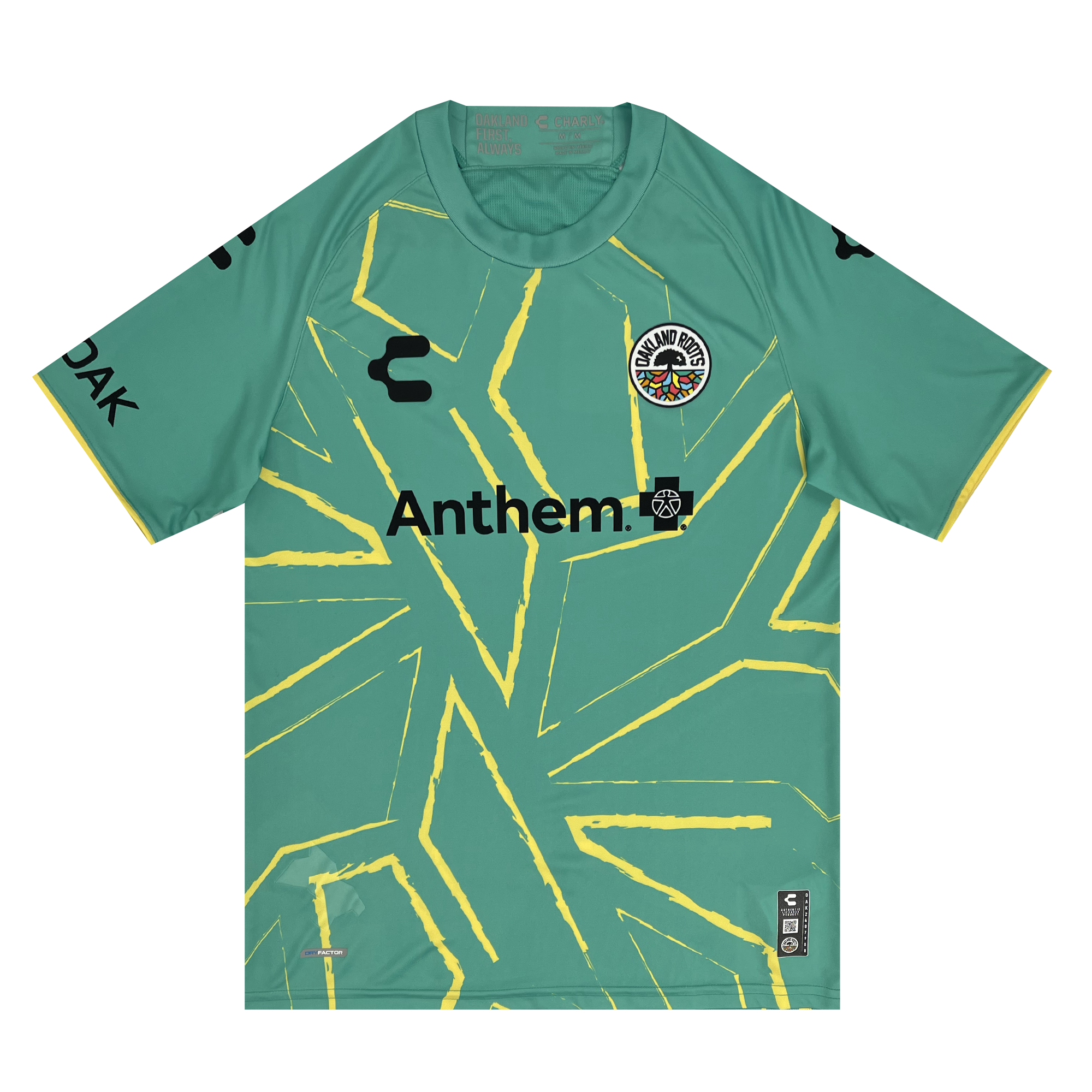 The Custom Unisex Oakland Roots SC Goalkeeper Kit ft. Anthem Blue Cross is a teal soccer jersey adorned with yellow geometric lines creating abstract shapes. It features black logos, including a circular badge with a bear and "Tando" on the left chest, and "Anthem" emblazoned across the center. This goalkeeper kit, equipped with DRY FACTOR for comfort and NANO GUARD for durability, presents a distinct and modern aesthetic from Oakland Roots SC.