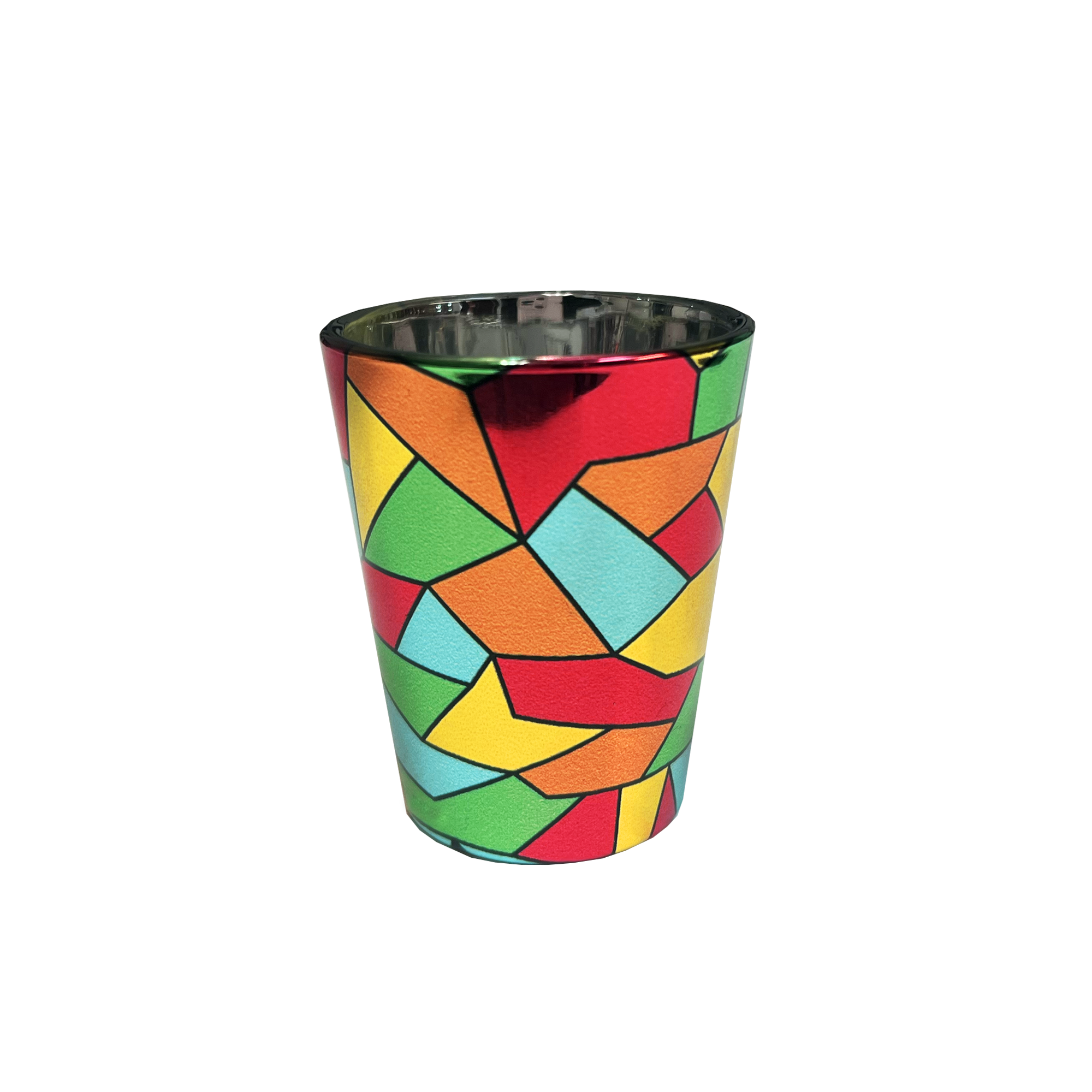 The Oakland Roots SC Mosaic Shot Glass by Oakland Roots SC showcases a geometric pattern inspired by the Oakland Roots Sports Club. The design is composed of interlocking shapes in vivid colors like red, orange, yellow, green, blue, and black, forming a lively and striking mosaic effect. The interior of the shot glass has a metallic and reflective appearance.