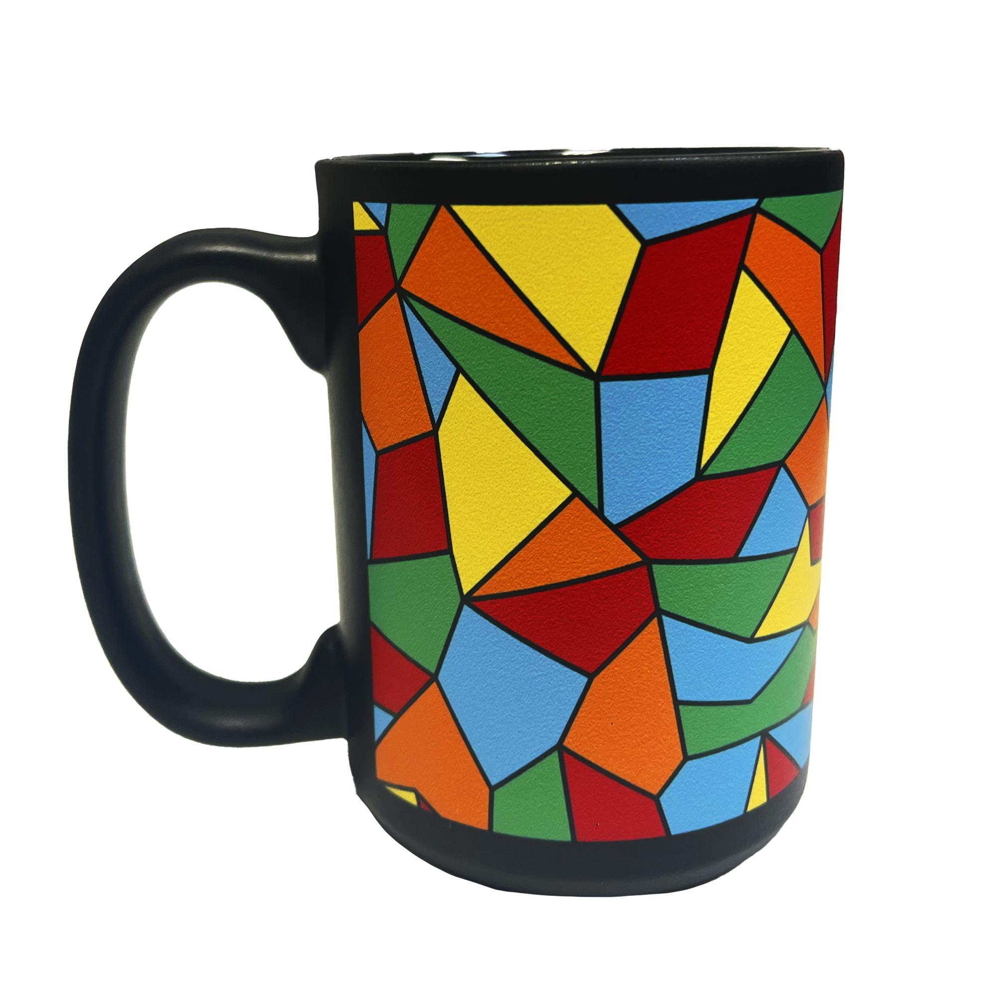 Introducing the Oakland Roots SC Mosaic Coffee Mug by Oakland Roots SC—this ceramic coffee mug features a striking black handle and showcases a vibrant, multicolored geometric design. Reminiscent of stained glass, the pattern consists of irregular polygons in red, green, blue, yellow, and orange. Ideal for Oakland Roots fans or any sports club enthusiast seeking a stylish way to enjoy their brew.
