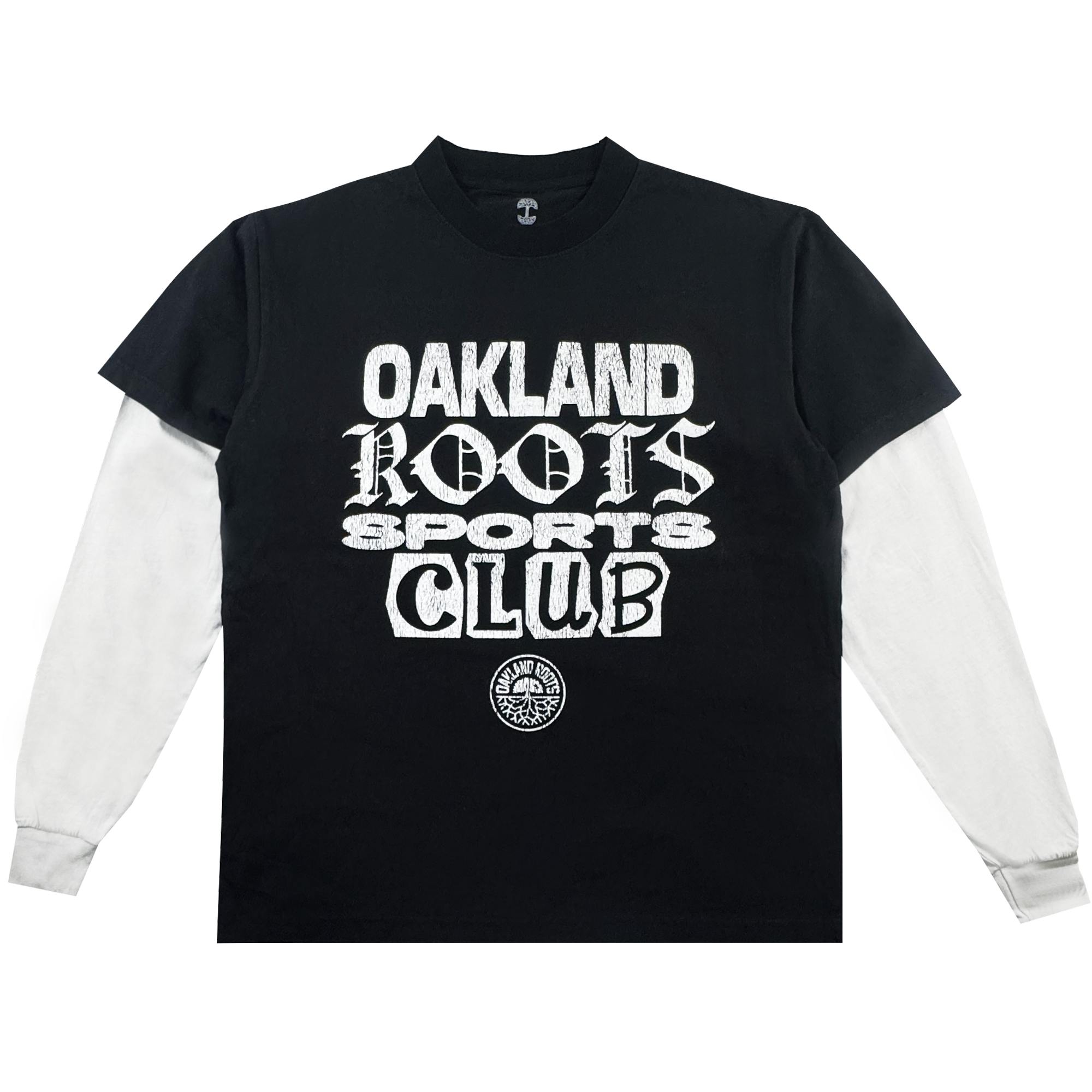 The Multi Text LS Tee by Oakland Roots SC features an oversized fit, vintage black styling with white sleeves, and a bold “OAKLAND ROOTS SPORTS CLUB” graphic above the classic round team logo on the front.