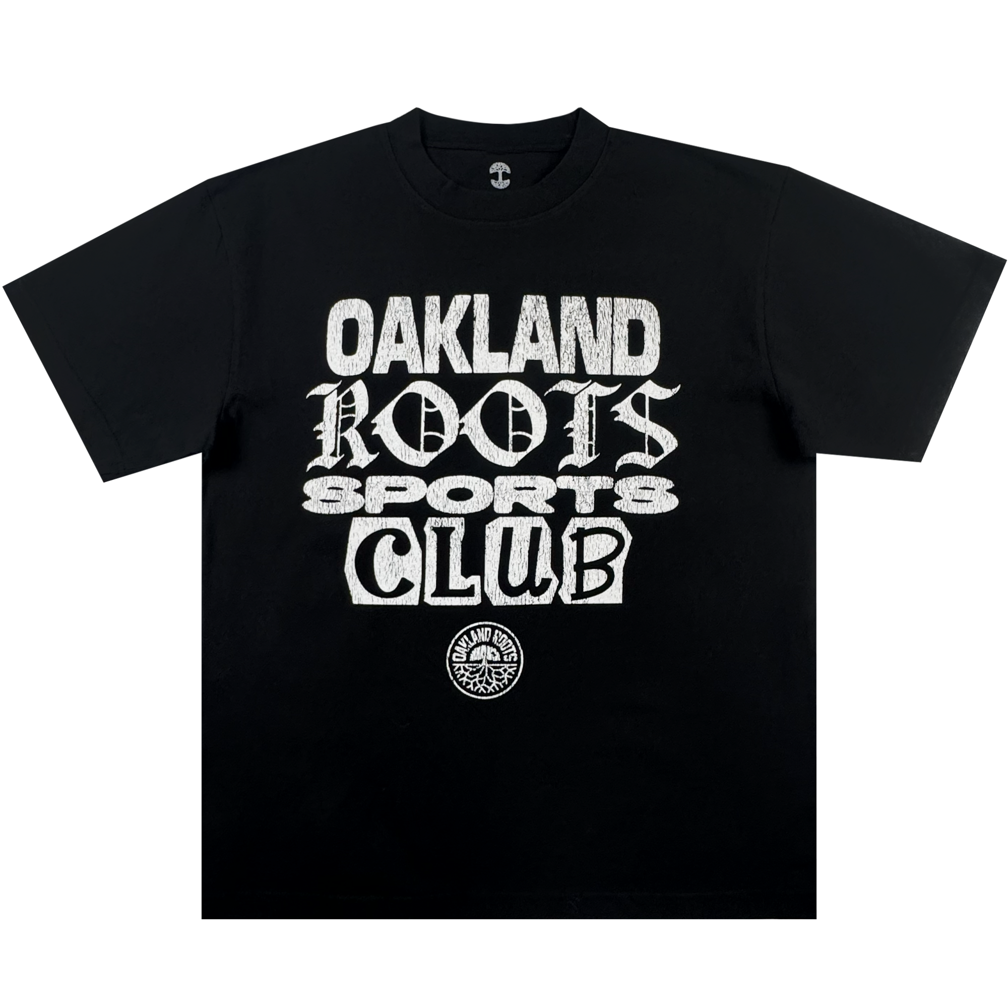 The Oakland Roots SC Multi Text SS Tee is a vintage black oversized t-shirt with bold white text in multiple fonts and a circular tree logo, displayed flat on a plain white background.