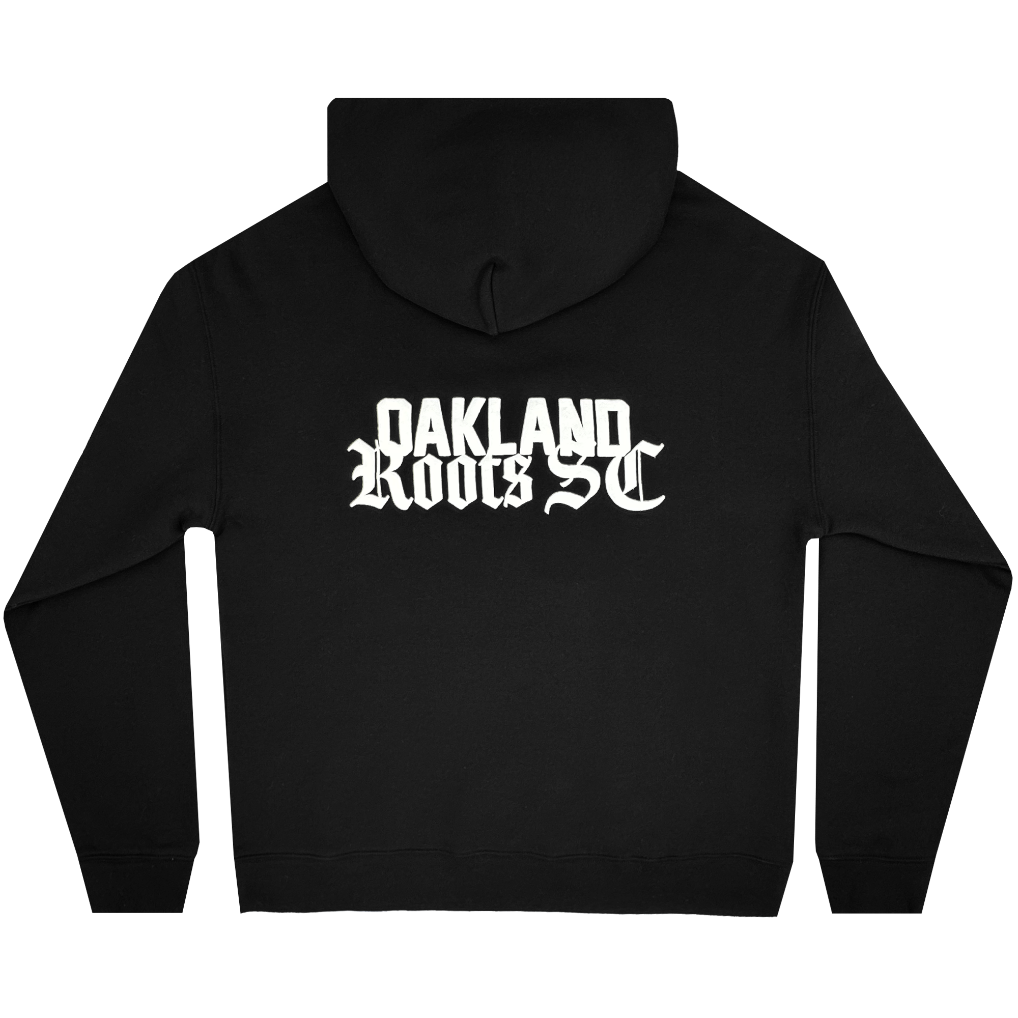 The Oakland Roots SC Logo Premium Hoodie by Oakland Roots SC features bold white Old English-style "OAKLAND ROOTS SC" text across the upper back, shown here in black midweight fleece against a white background.