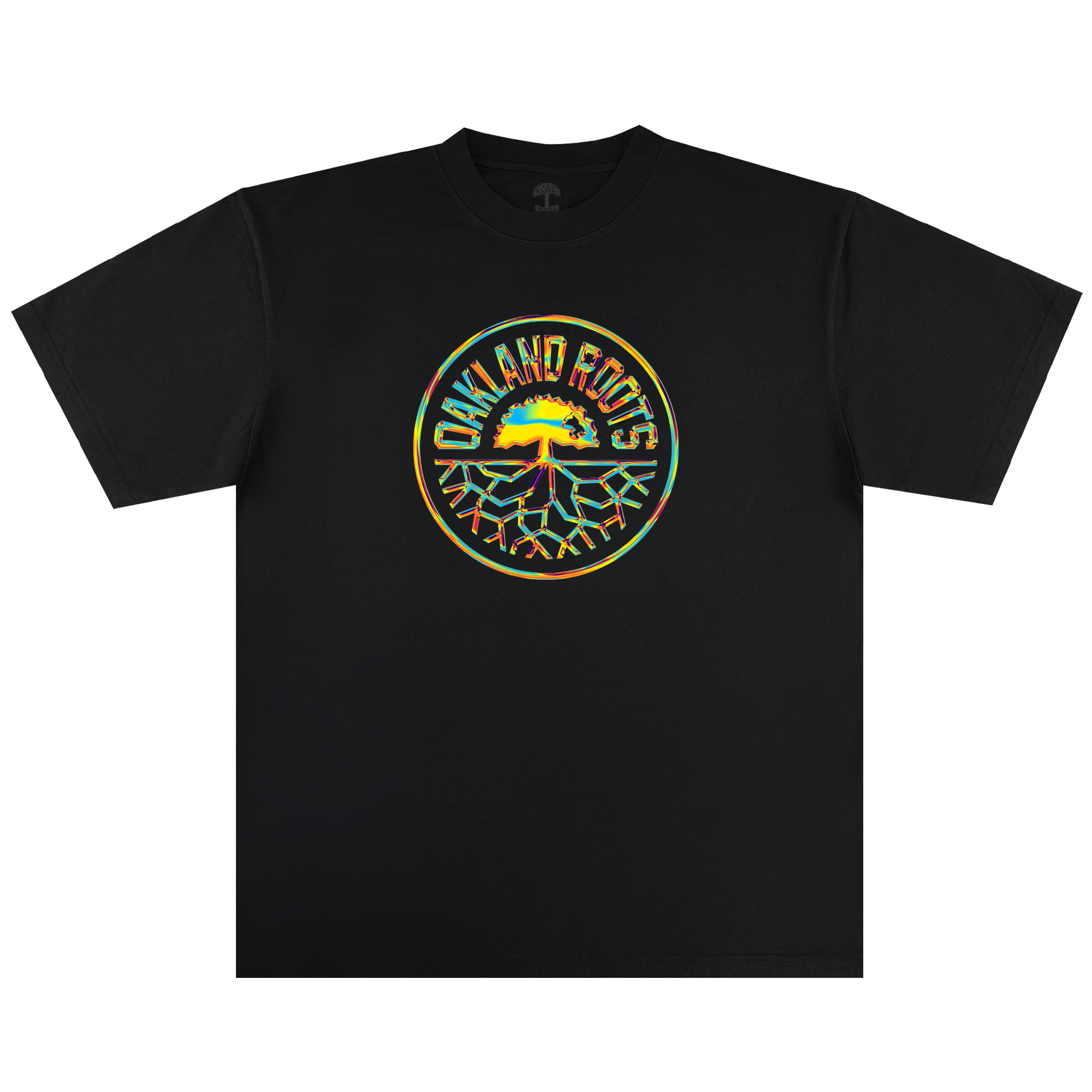 The Iridescent Tee by Oakland Roots SC features a vibrant circular logo with a yellow, green, and red tree design—celebrating the club's spirit and community roots.