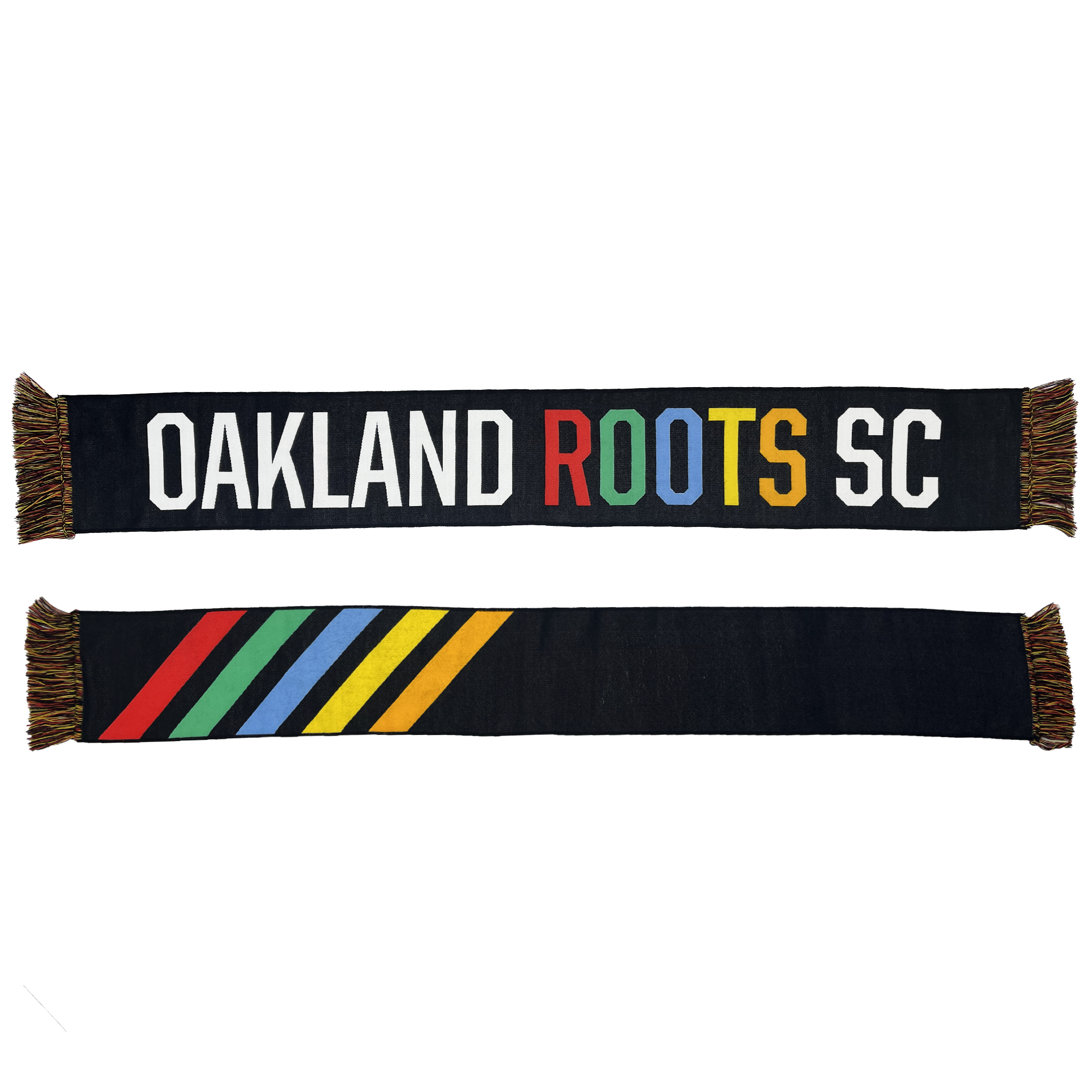 The Oakland Roots SC Alternative HD Woven Scarf is a vibrant accessory featuring colorful fringes on each end. One side showcases "OAKLAND ROOTS SC" in bold white letters, with "ROOTS" highlighted in rainbow colors. Representing the Oakland Roots Sports Club and its commitment to social good, the reverse side displays five diagonal stripes in red, blue, green, yellow, and white against a black background.