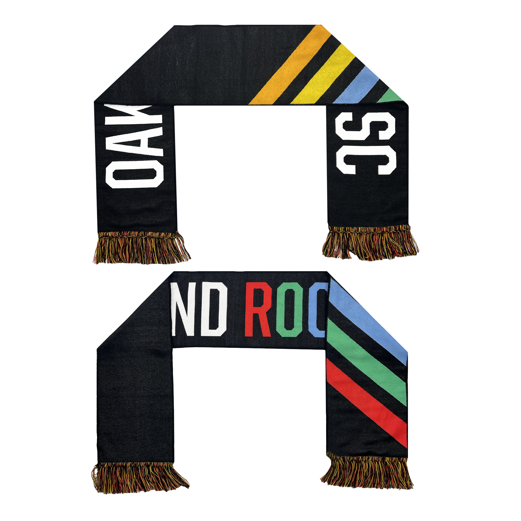 An Oakland Roots SC Alternative HD Woven Scarf featuring fringes at both ends. One side displays "OAK" in white letters, accompanied by diagonal stripes in yellow, green, blue, and red shades. The reverse side reads "LAND ROCK" in white, red, and blue letters with the same vibrant diagonal stripes—proudly supporting the social good mission of the Oakland Roots Sports Club.