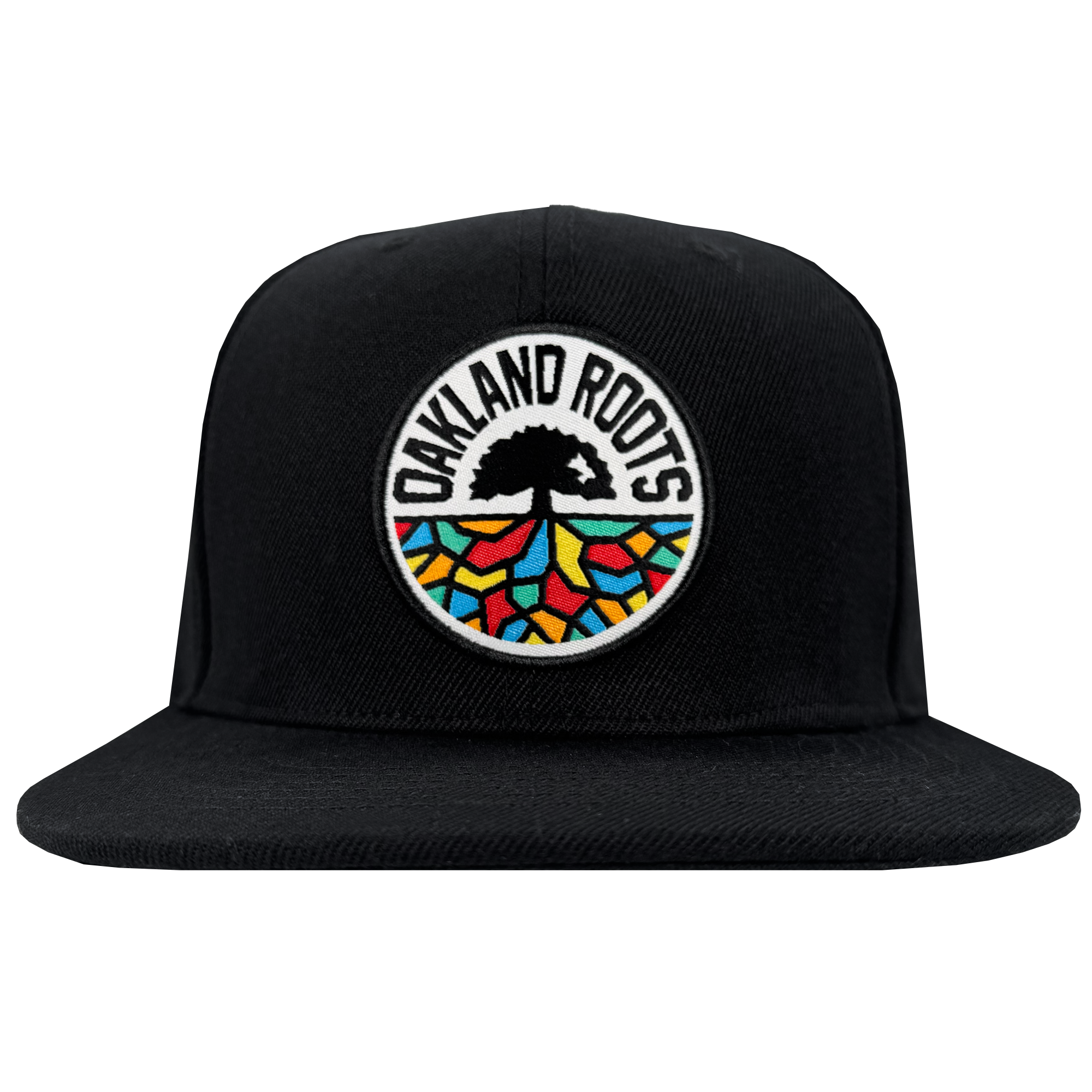 The Oakland Roots SC Structured Snapback by Oakland Roots SC is a black flat-brim hat with a circular patch displaying “OAKLAND ROOTS,” a tree silhouette, and colorful root-inspired patterns—ideal for any Oakland sports fan.