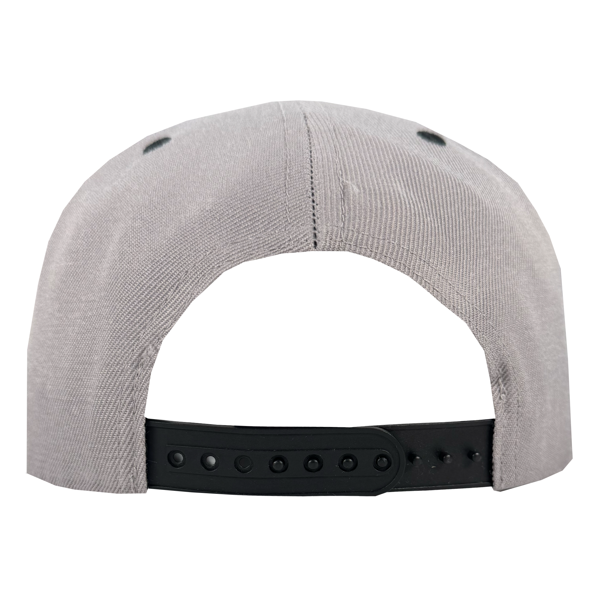 The image shows the back view of an Oakland Roots SC Arch Text Snapback by Oakland Roots SC. It is light gray with visible stitching, black ventilation eyelets, and a black adjustable snapback closure against a white background.