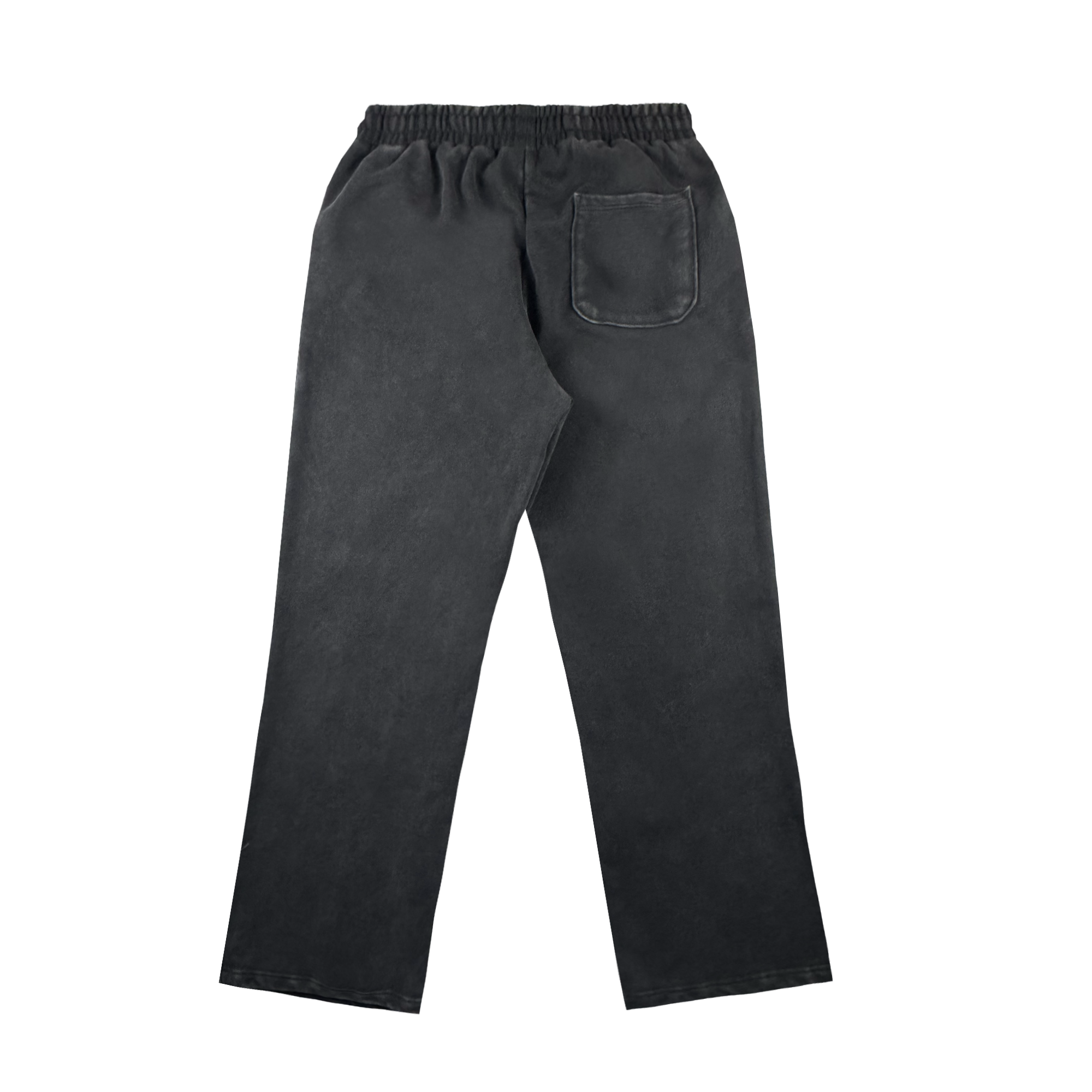 The Oakland Roots SC Tatsu Pants are black, straight-cut sweatpants made from soft organic cotton. Shown from the back on a white background, they feature an elastic waistband and a single right-side patch pocket.