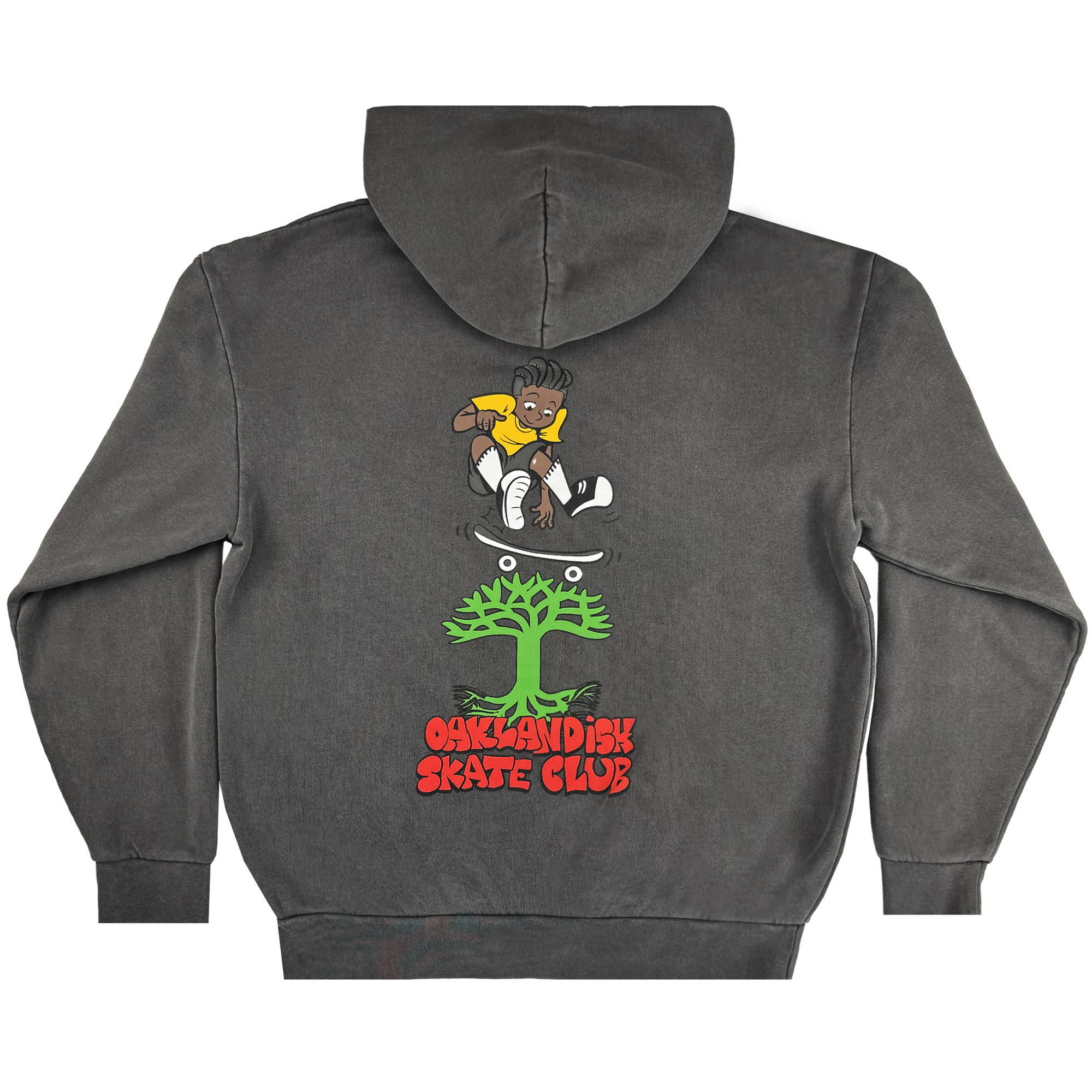 The Oaklandish Skate Club Hoodie by Oaklandish is a faded black pullover featuring a skateboarding graphic above a green tree and bold red "Oaklandish Skate Club" text, capturing skate culture's vibrant energy.