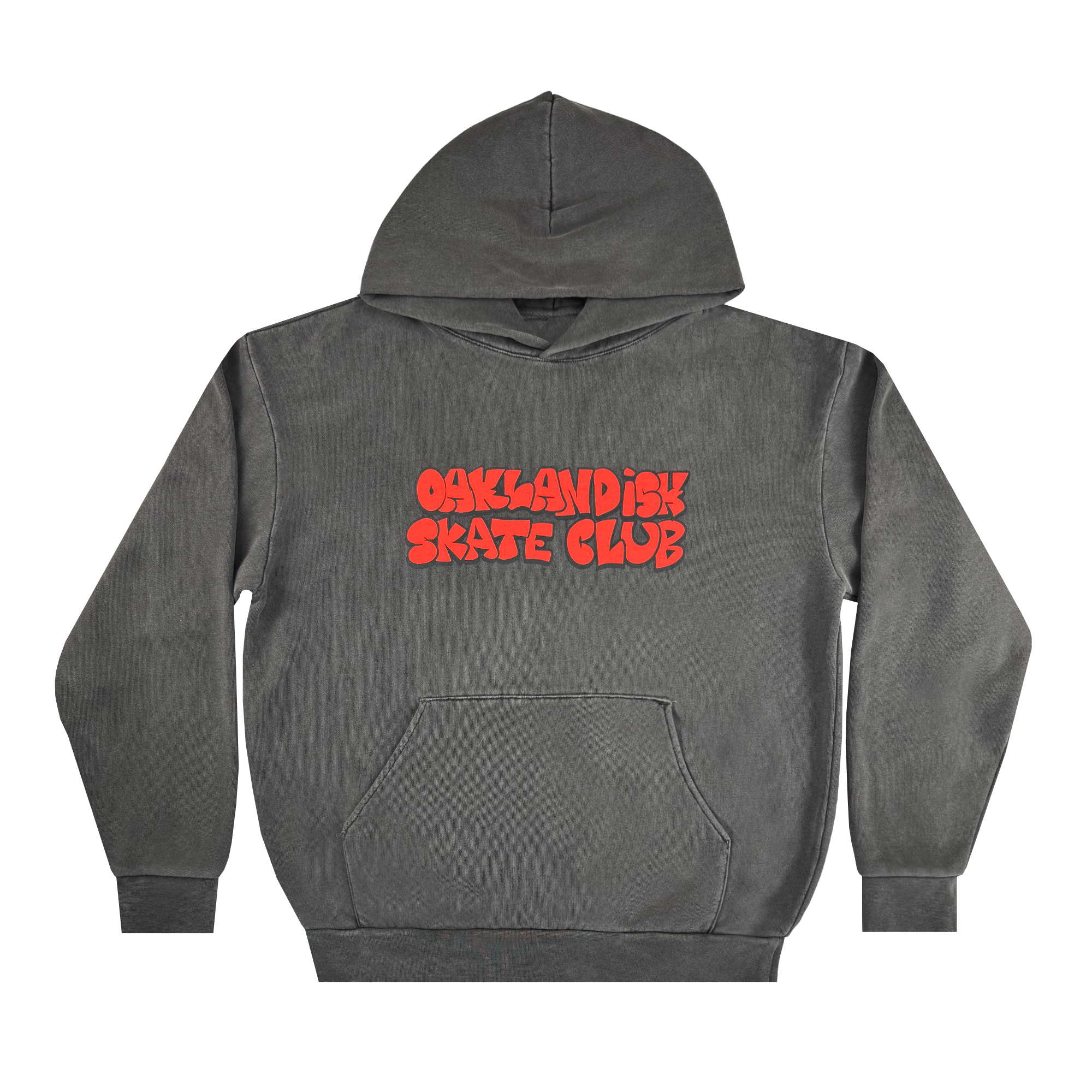The Oaklandish Skate Club Hoodie by Oaklandish is a charcoal-grey pullover with a front pocket and hood. "OAKLANDISH SKATE CLUB" in bold, wavy red letters decorates the chest. The hoodie is shown laid flat on a white background.