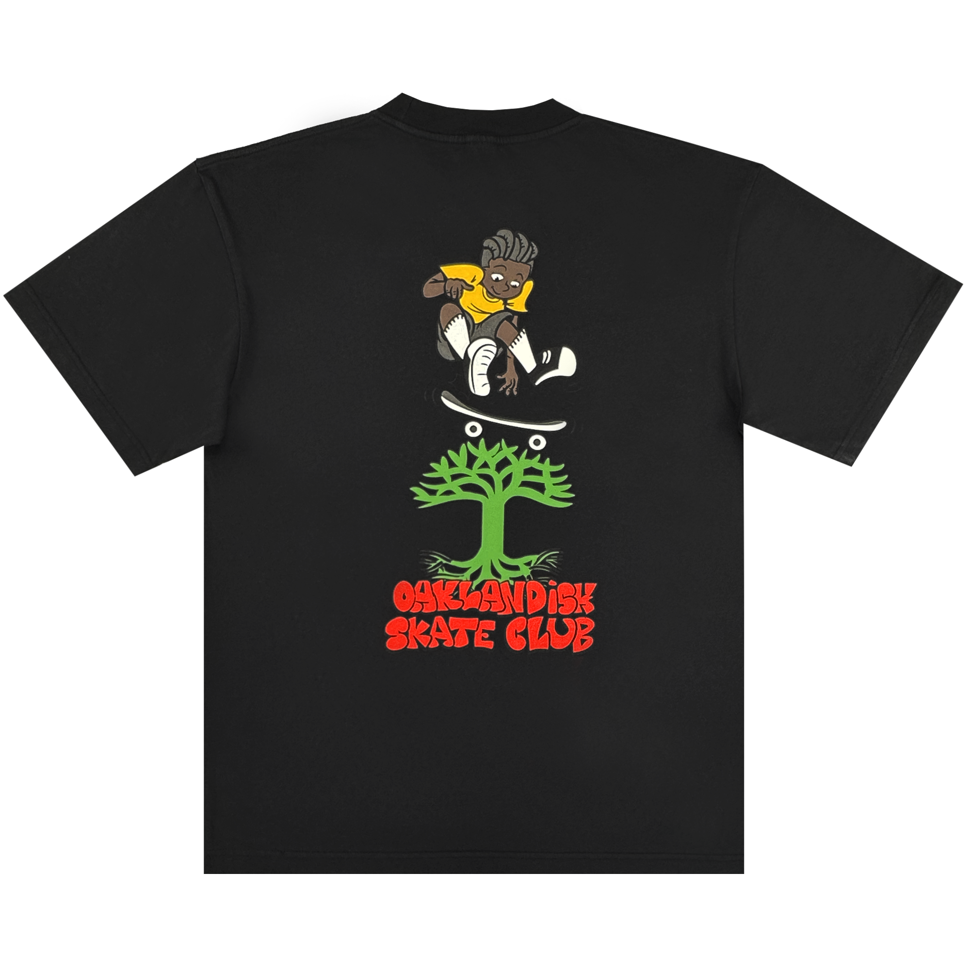 The Oaklandish Skate Club Tee by Oaklandish is a black classic-fit t-shirt featuring a cartoon skater in a yellow shirt leaping over a green tree, with bold red "OAKLANDISH SKATE CLUB" text below, capturing skateboard culture.