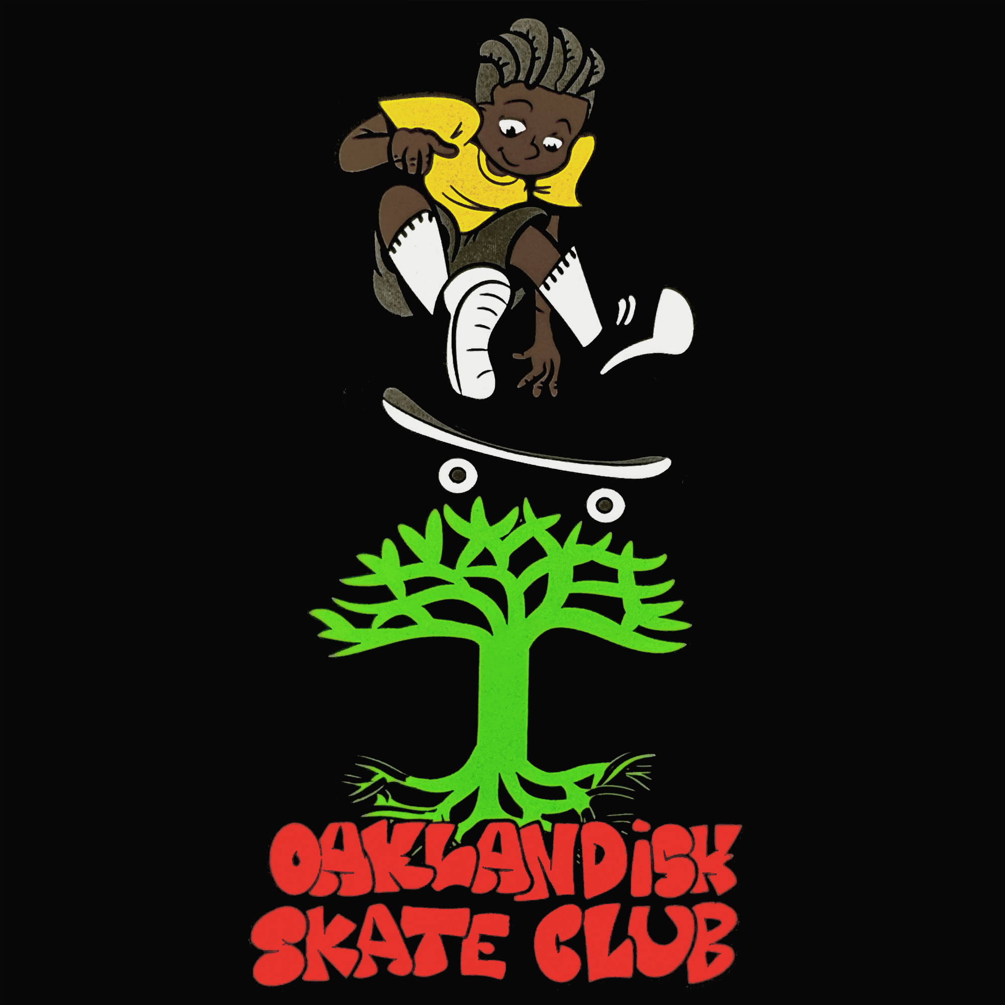 The Oaklandish Skate Club Tee by Oaklandish features a cartoon dark-skinned kid with striped hair and yellow shirt skateboarding above a bright green tree, with bold red "Oaklandish Skate Club" text in playful font on a black background.