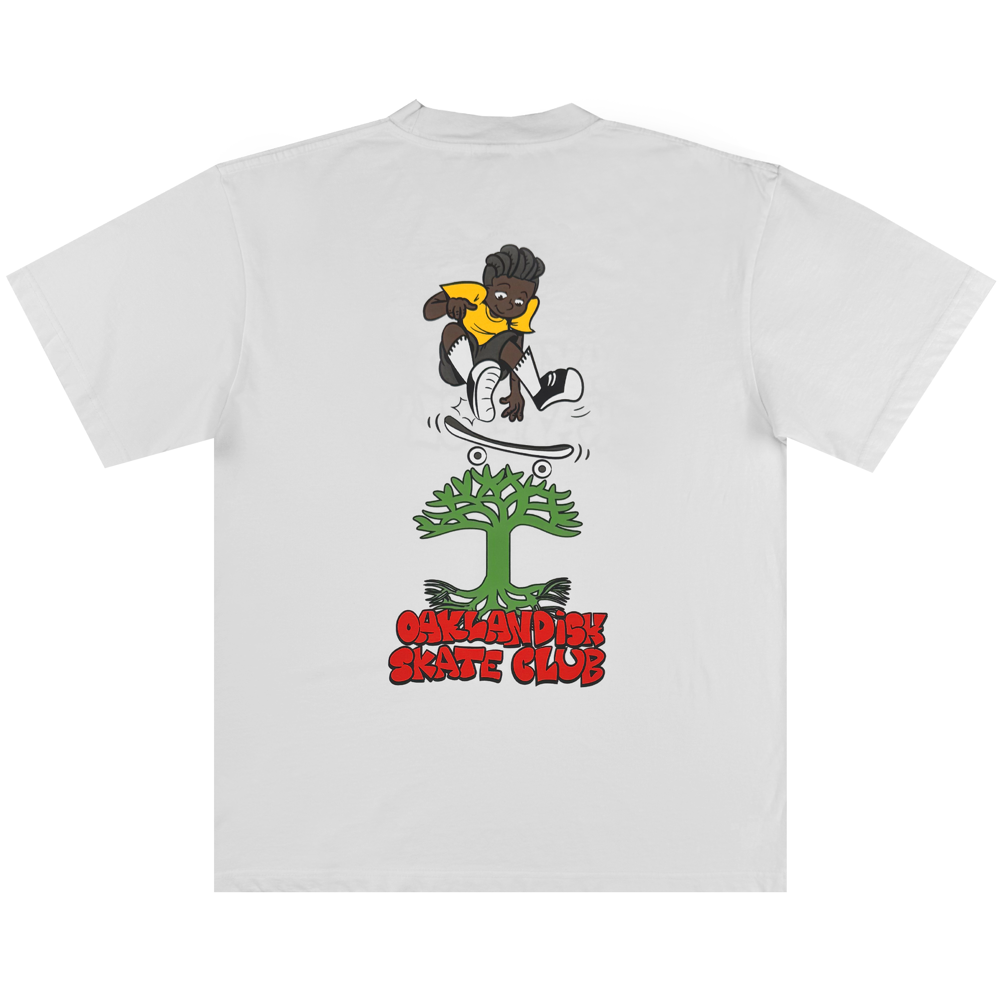 The Oaklandish Skate Club Tee by Oaklandish features a cartoon skater with dark skin, yellow shirt, and black shorts above a green frog face, with bold red "Oaklandish Skate Club" text below, celebrating skateboarding culture.