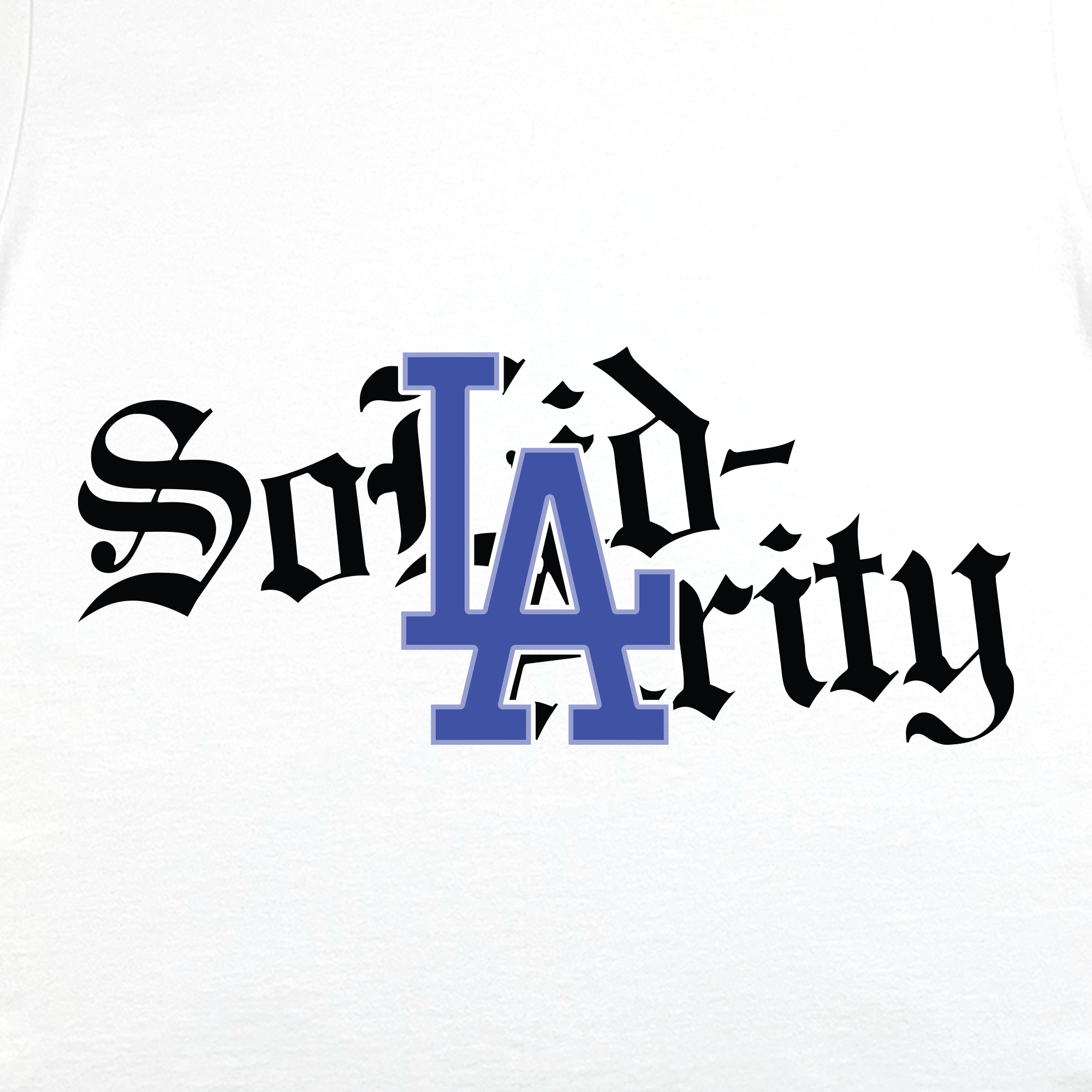 The Solidarity Tee by BOSK features "Solidarity" in black Gothic font with the blue LA Dodgers logo overlaid in the center, resembling a design that supports art education and Inner-City Arts, shown on a white background.