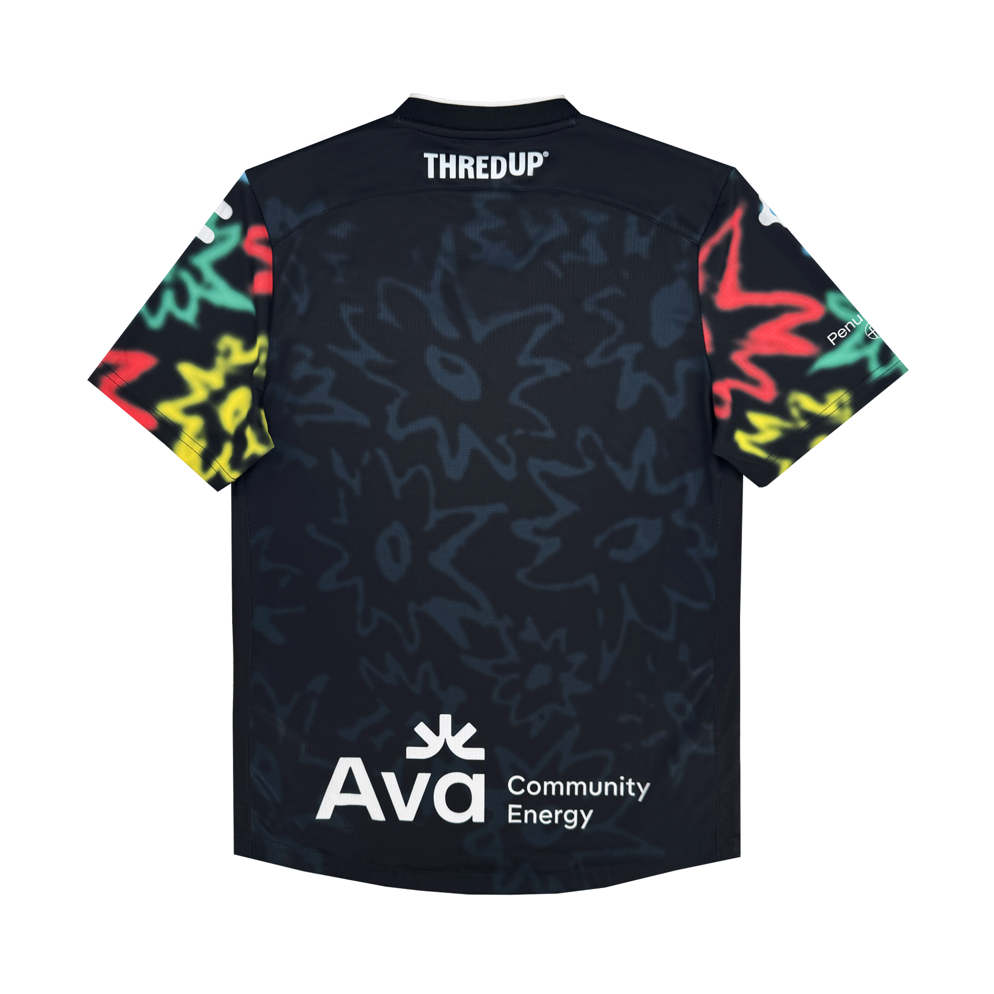 The Oakland Soul Custom Unisex Soul Bloom Kit is a dark short-sleeve soccer jersey with abstract multicolored flower shapes on the sleeves, symbolizing transformation. "THREDUP" and "Ava Community Energy" logos appear in white on the back.