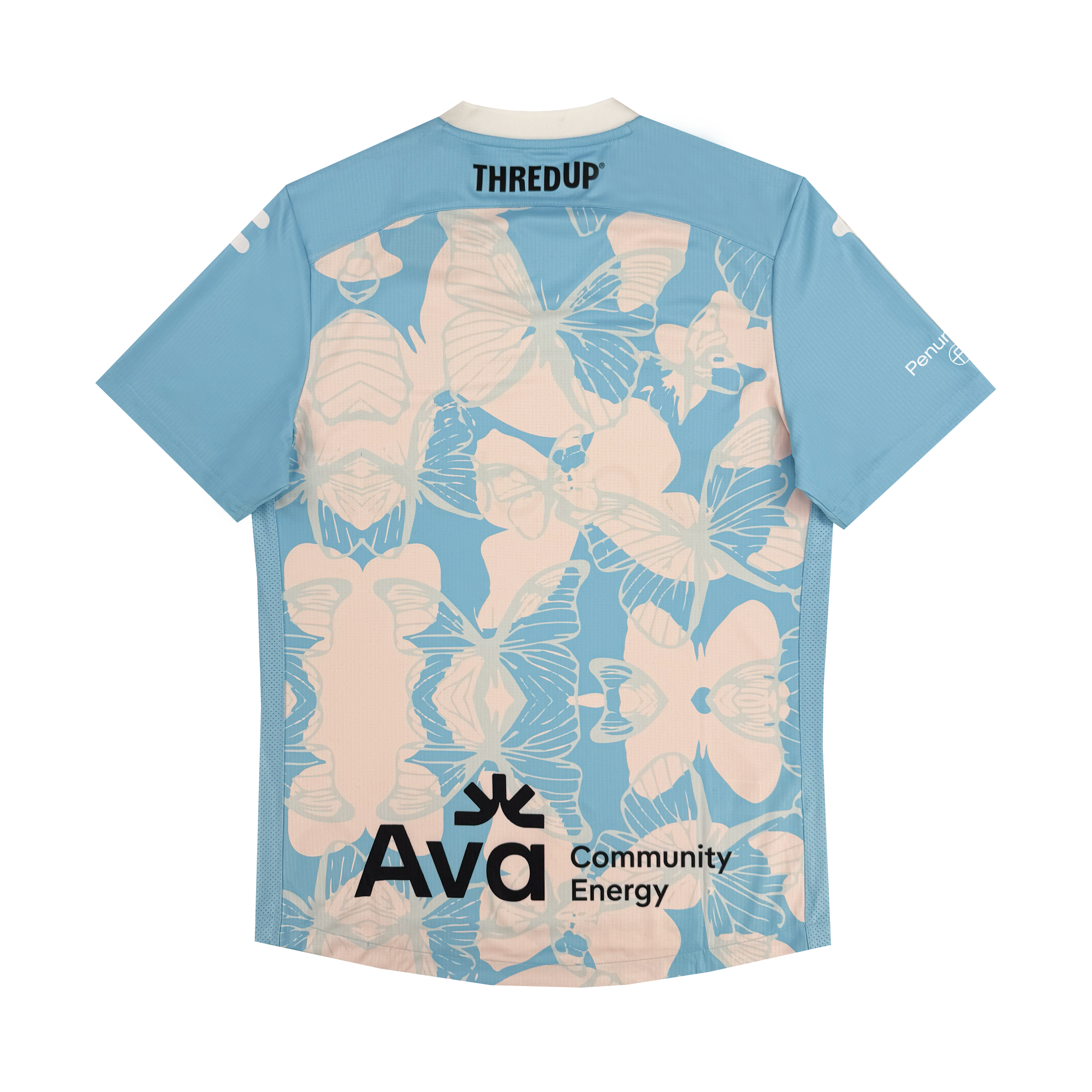 The Custom Unisex Butterfly Effect Kit by Oakland Soul is a light blue short-sleeve soccer jersey featuring pale peach butterfly patterns on the back, "THREDUP" at the top, "Ava Community Energy" at the bottom, and white text near the shoulders.