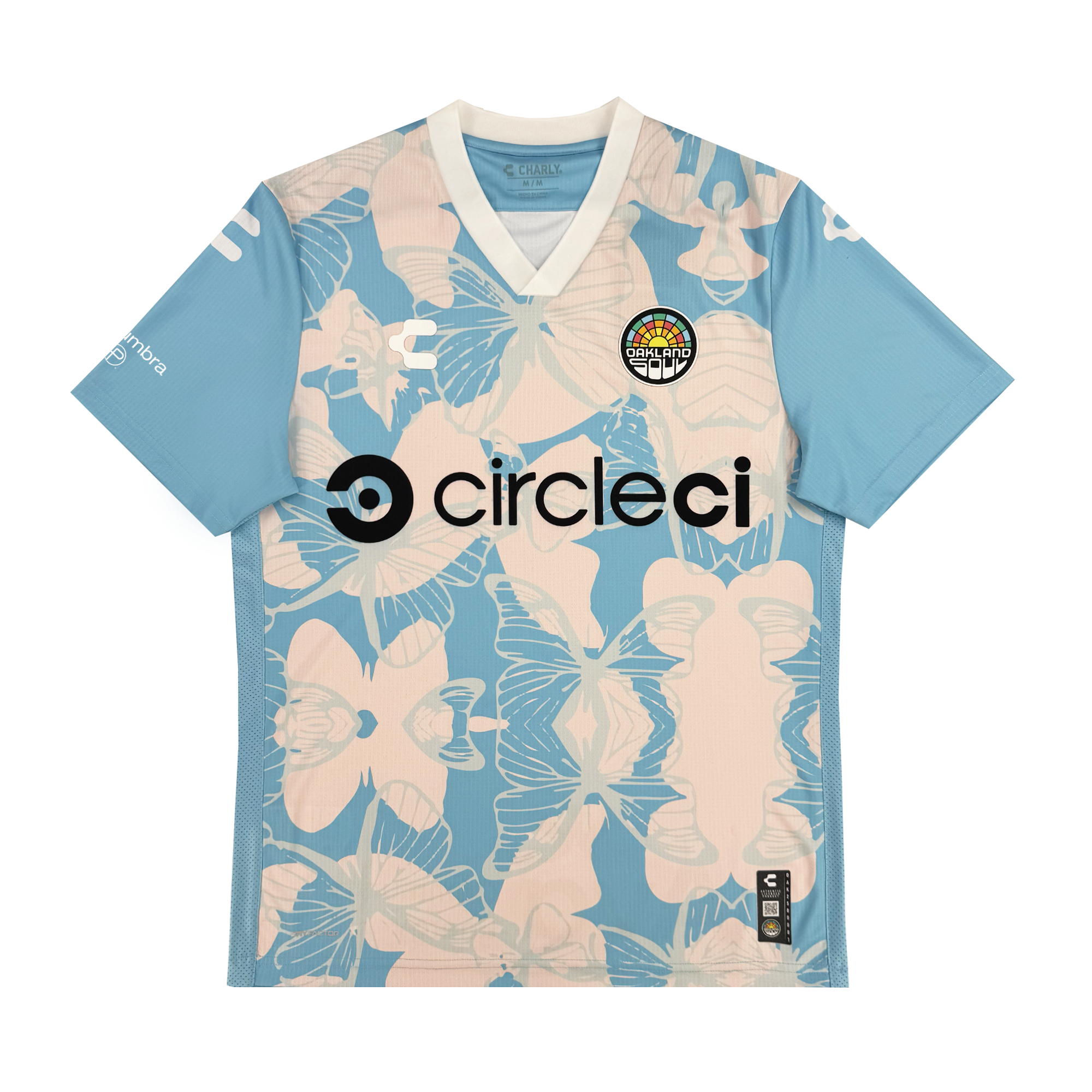 The Oakland Soul Custom Unisex Butterfly Effect Kit features light blue sleeves, a pastel blue, cream, and pink floral tie-dye pattern, “circleci” sponsor logo, rainbow crest on the chest, plus white collar and shoulder details.