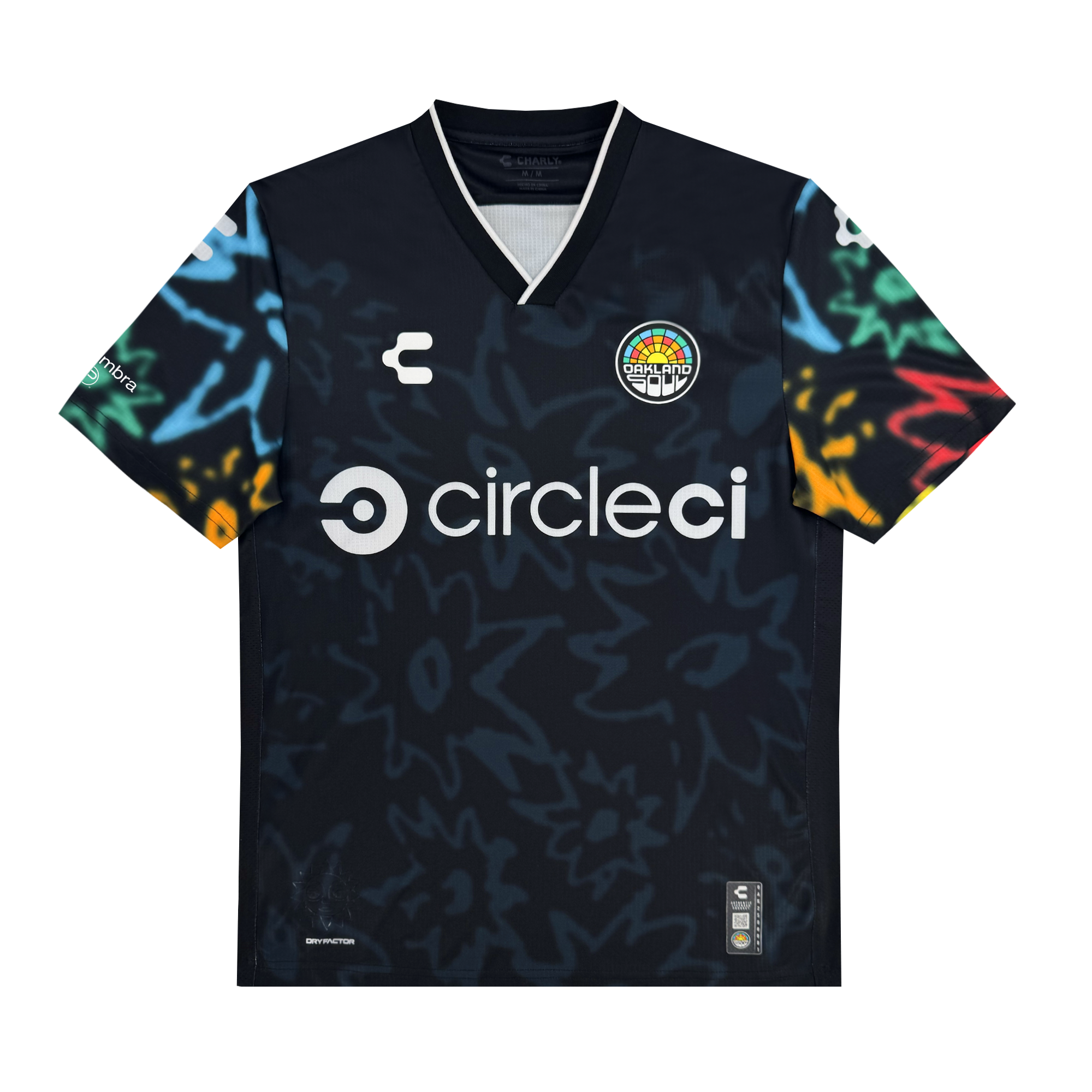 The Custom Unisex Soul Bloom Kit by Oakland Soul is a dark soccer jersey with abstract, colorful sleeve patterns, subtle black designs on the body, a circular Oakland Soul crest on the left chest, and a white “circleci” sponsor logo.