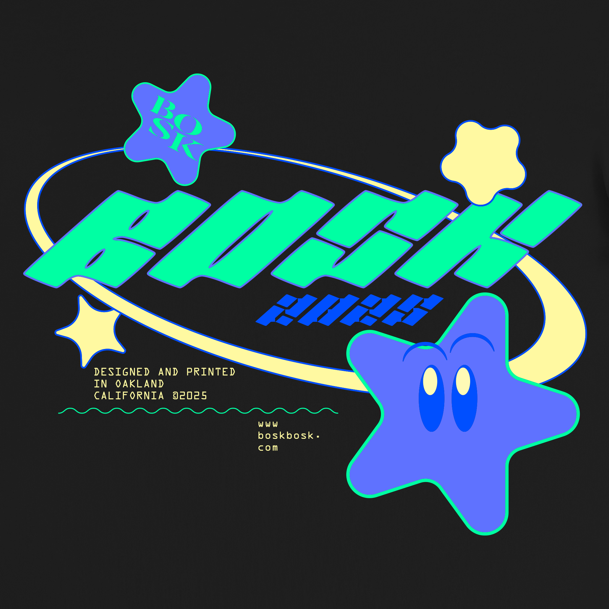 The Star Power Tee by BOSK features a playful retro graphic with bold, slanted neon "BosK 2023" text, stars, and rings. Crafted from 100% cotton, it's designed and printed in Oakland, California.