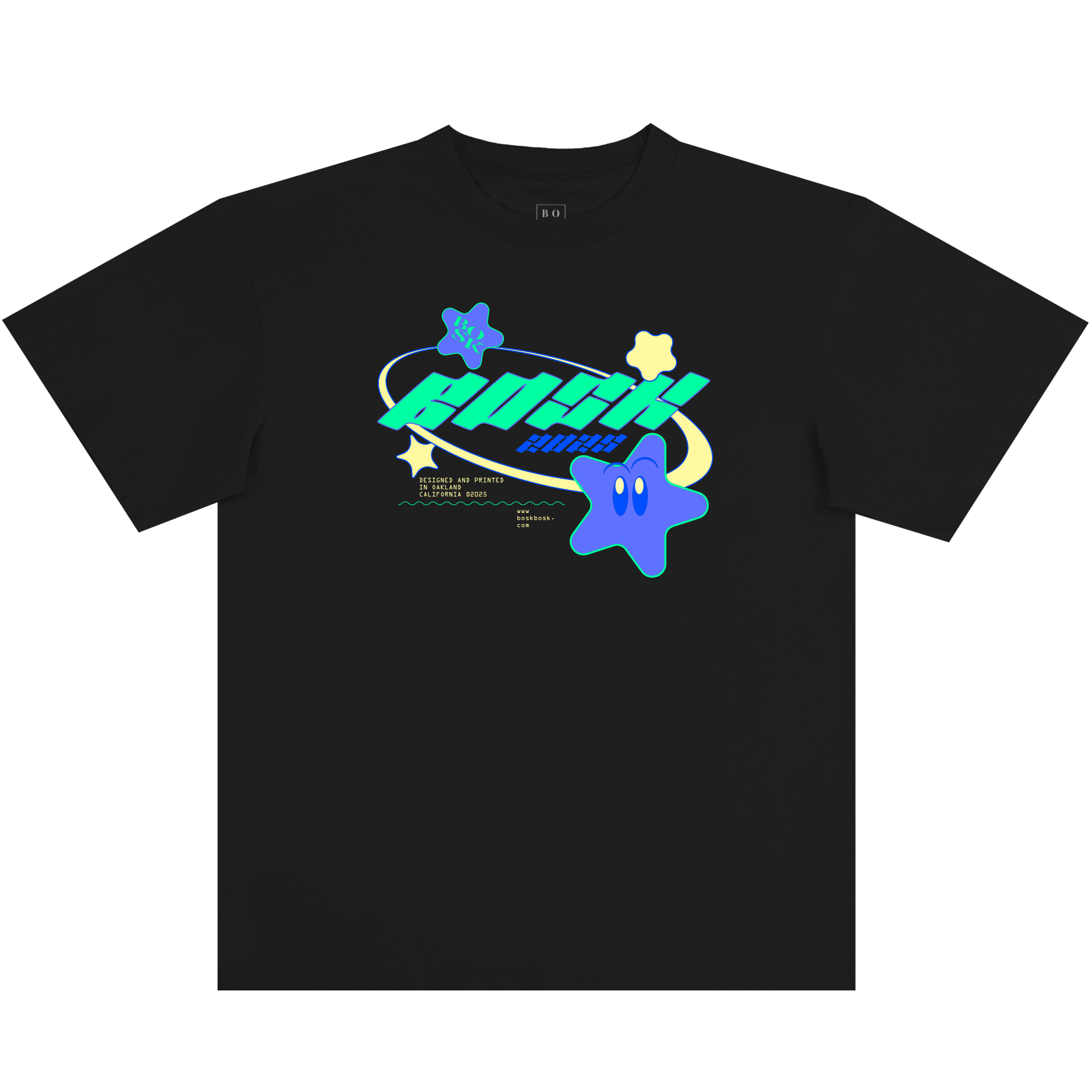 The BOSK Star Power Tee is a black, classic fit 100% cotton t-shirt featuring three blue-green cartoon stars—one smiling—around bold “ROSKI PLANET” text, planet rings, and small yellow print below.