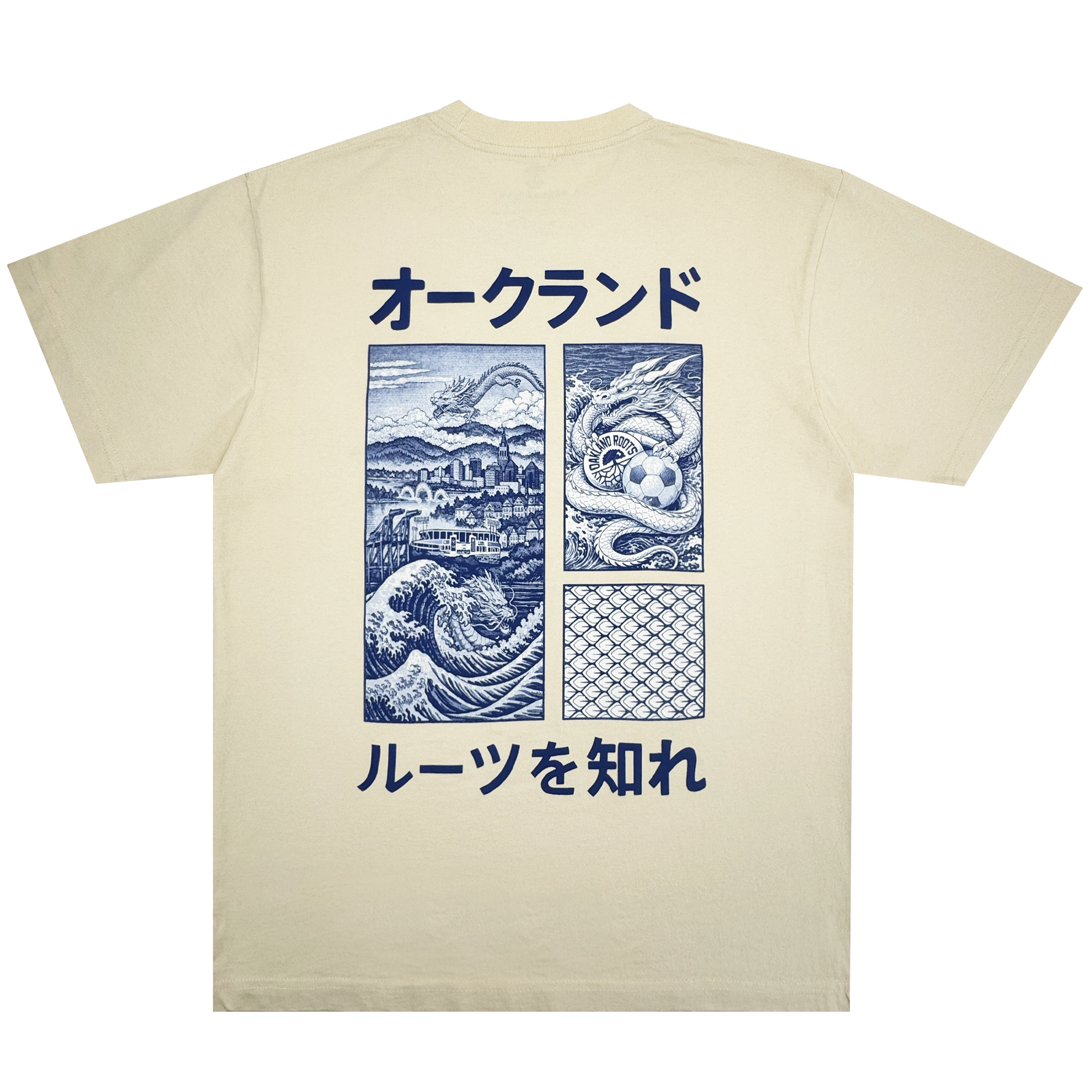 The Story Telling Tee by Oakland Roots SC is a beige t-shirt featuring blue Japanese text and four panels—a dragon over a city, serpent in water, ocean waves, and fish scales—plus more blue Japanese text for Roots SC fans.