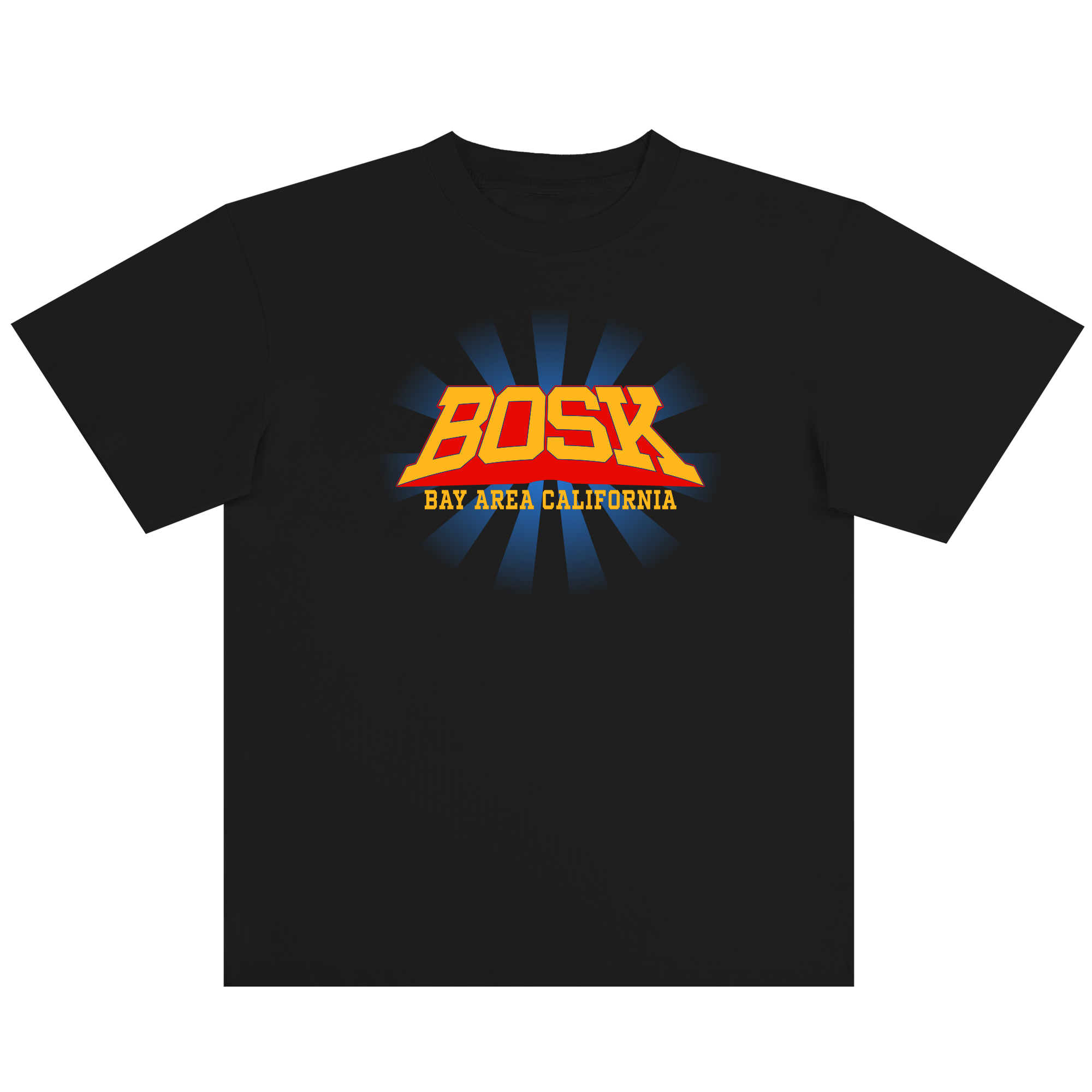 The Super Power Tee by BOSK is a black, heavy-weight cotton shirt with bold yellow and orange "BOSK" text above "BAY AREA CALIFORNIA" in yellow, plus blue rays radiating across the classic-fit chest.