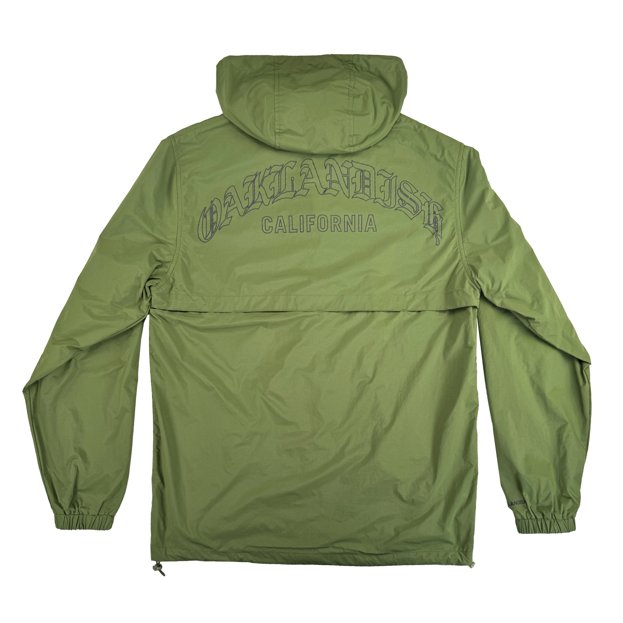 The Susurrus Track Top by Oaklandish is a light olive green men's nylon jacket with a classic fit, elastic cuffs, and a back seam. “OAKLANDISH CALIFORNIA” is boldly printed across the upper back. Shown flat, back facing up.