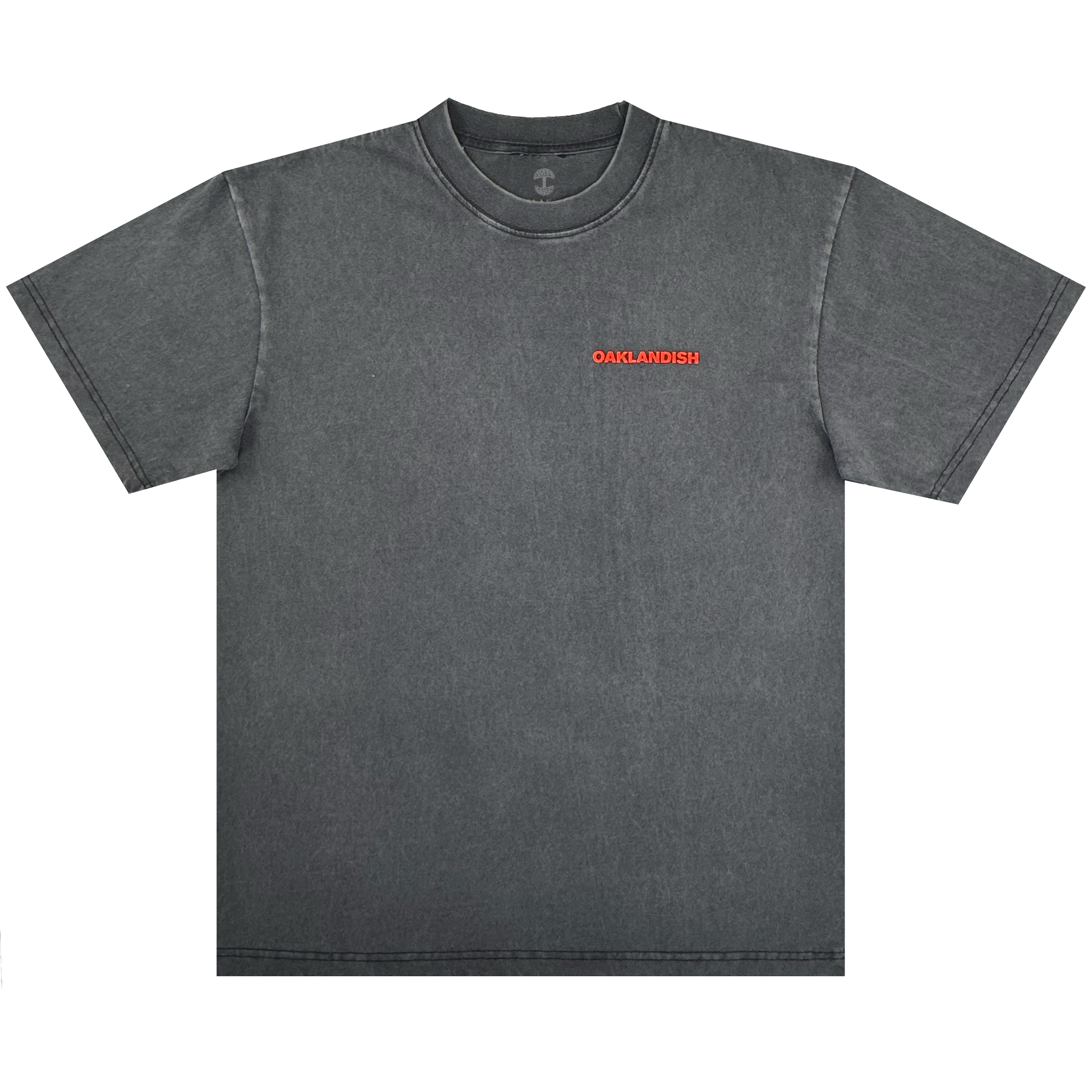 The Tiger Blood Tee by Oaklandish is a vintage black, 100% cotton short-sleeve shirt with a crew neck and clean stitching, featuring “OAKLANDISH” in small bold red letters on the left chest and no other graphics.